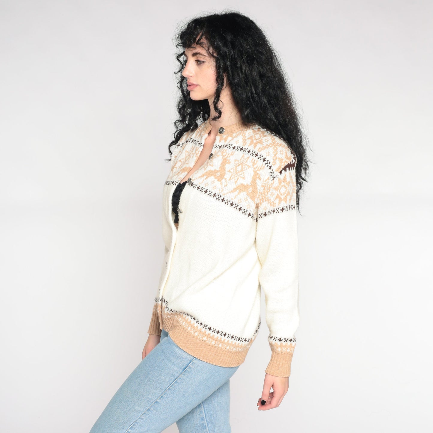 70s White Reindeer Fair Isle Cardigan Sweater Nordic Snowflake Button-Up Medium