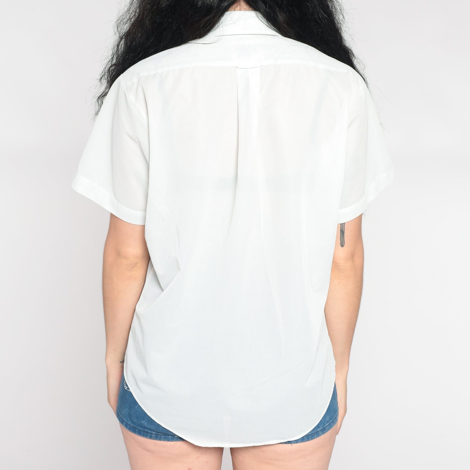 90s Mint Green Pinstripe Button-Up Shirt Semi-Sheer Short Sleeve Large