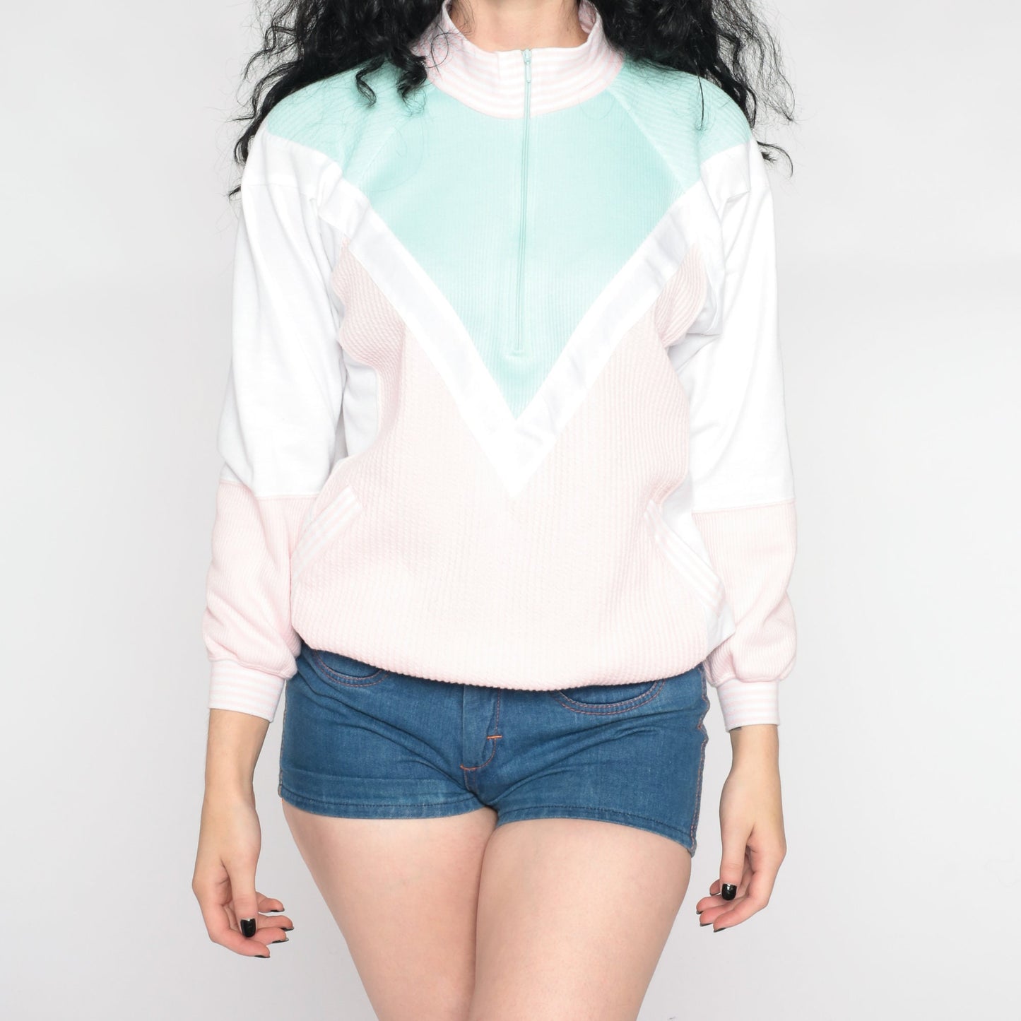 80s Colour Block Quarter Zip Sweatshirt Mock Neck Pink Mint Medium