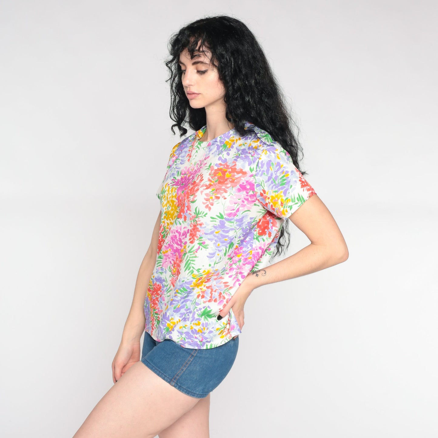 90s White Floral Pullover Blouse Short Sleeve Botanical Print Large L