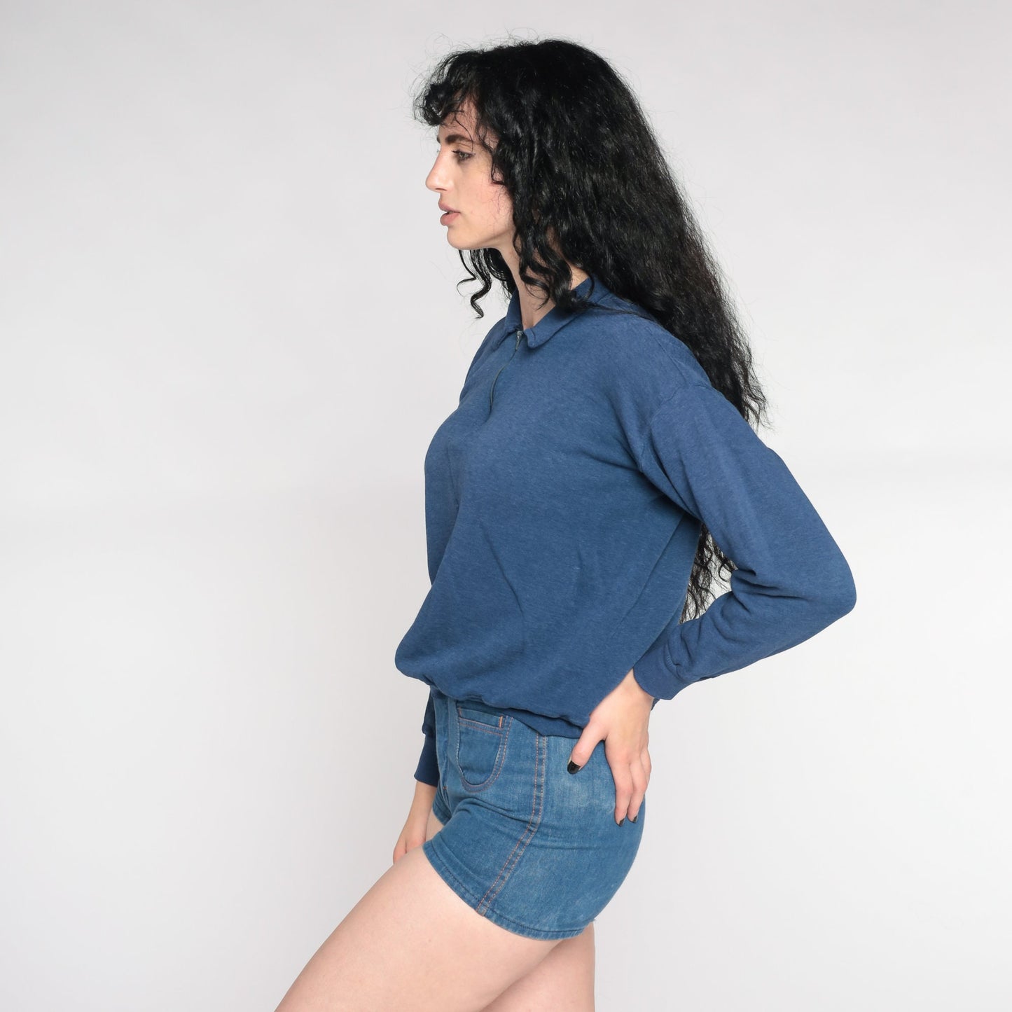 90s Blue Quarter Zip Collared Pullover Sweatshirt Plain Medium M