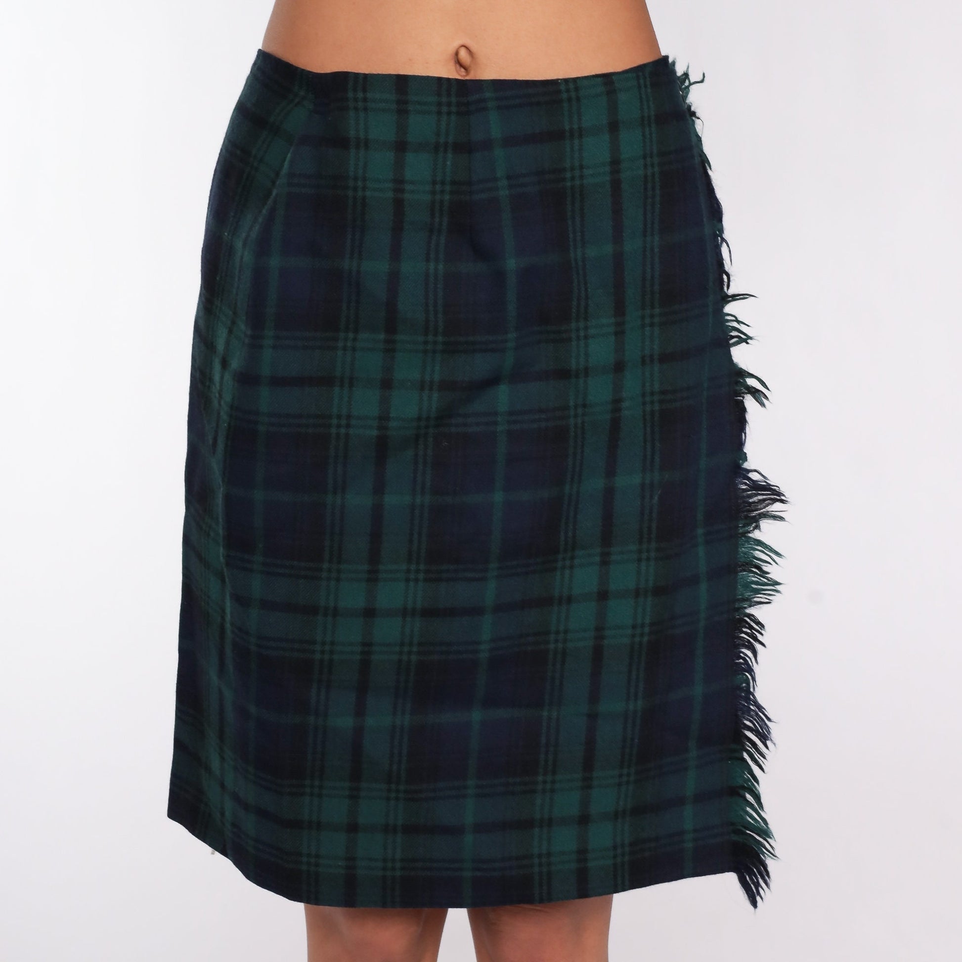 90s Wool Plaid Mini Pencil Skirt Navy Green High Waist Small 6