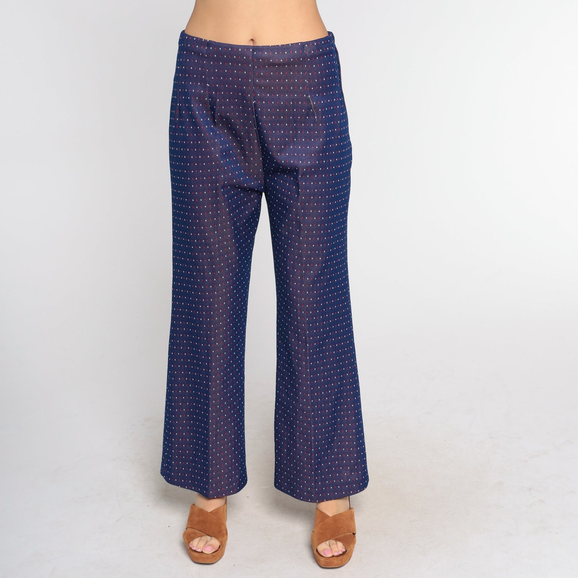 70s Navy Polka Dot Bell Bottom Pants High Waist Flared Trousers Medium Large
