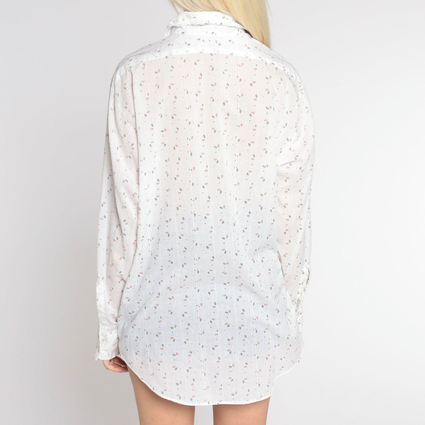70s White Striped Floral Button-Up Shirt Long Sleeve Collar Large