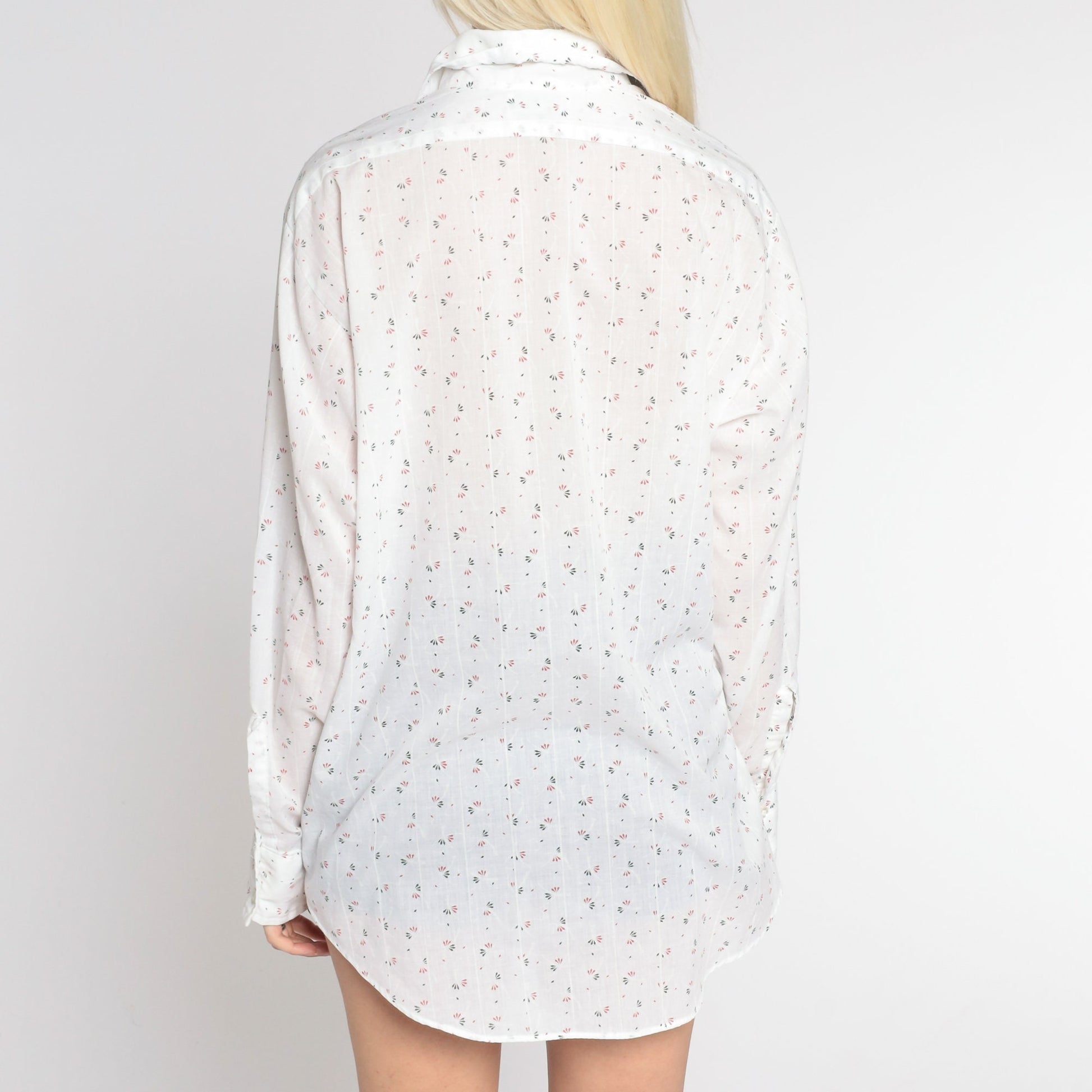 70s White Striped Floral Button-Up Shirt Long Sleeve Collar Large