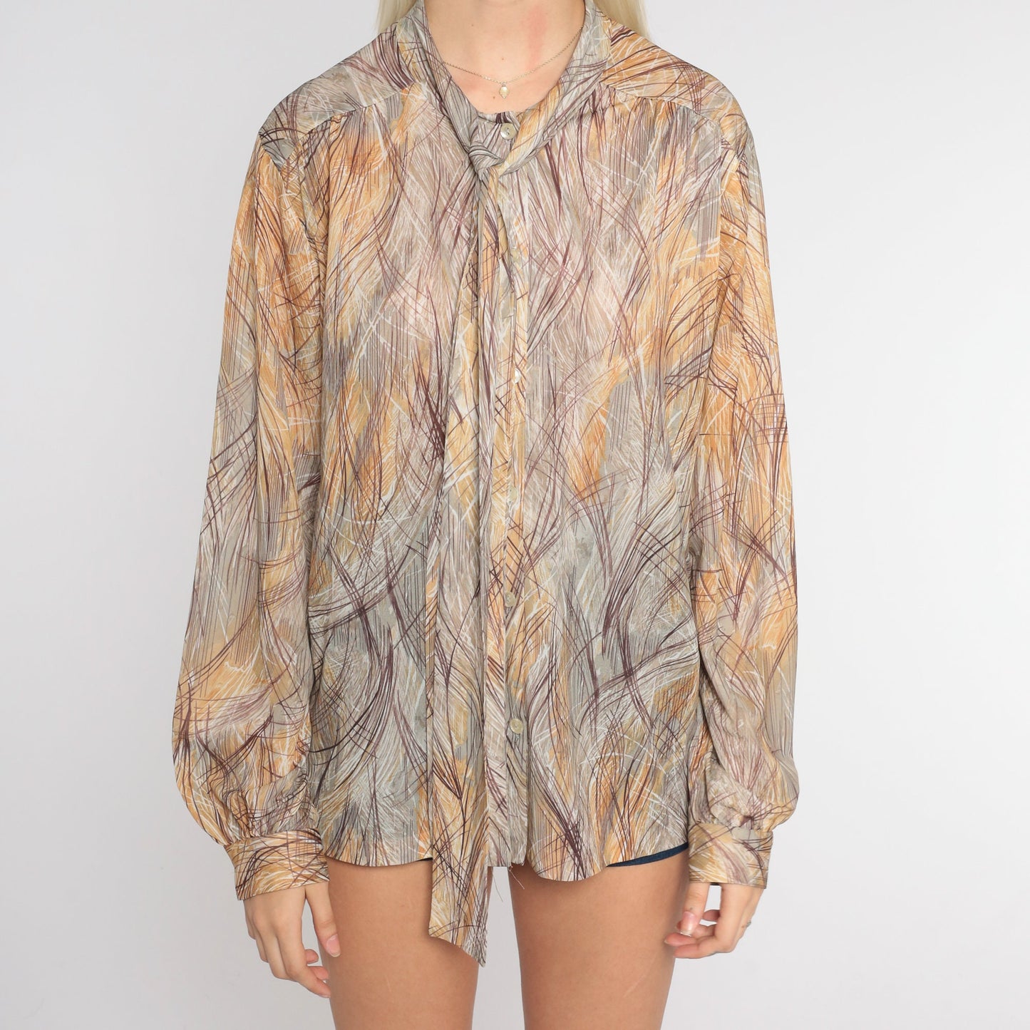 70s Ascot Blouse Brushstroke Print Tie Neck Long Sleeve Tan Brown Large