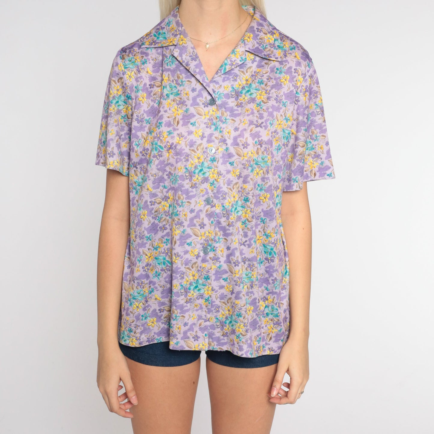 70s Purple Floral Button-Up Blouse Short Sleeve Collared Shirt Medium
