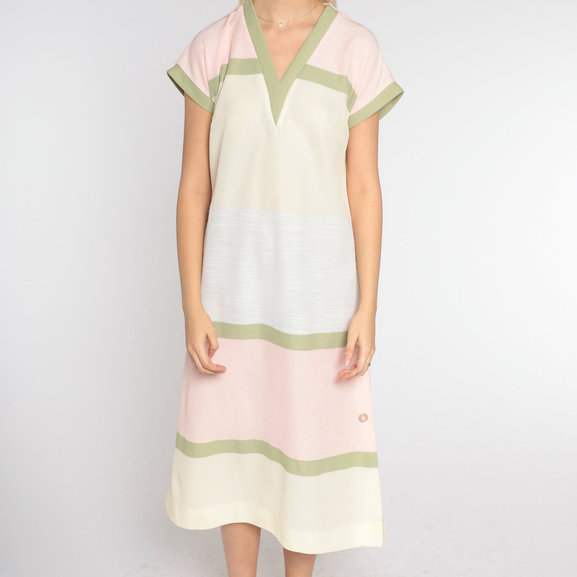 70s Striped Shift Midi Dress Cream Pink Green Grey V Neck Medium