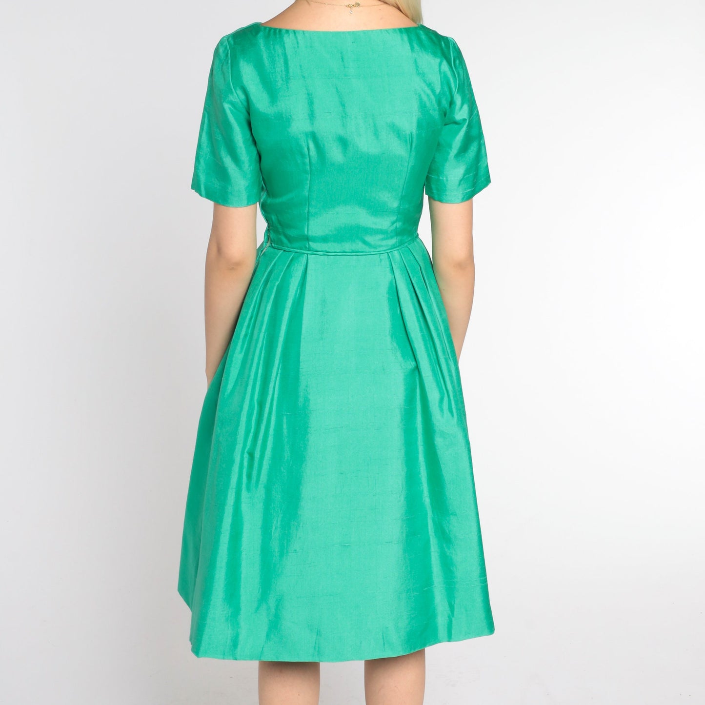 60s Green Knee-Length Dress High Waist A-Line Short Sleeve Extra Small