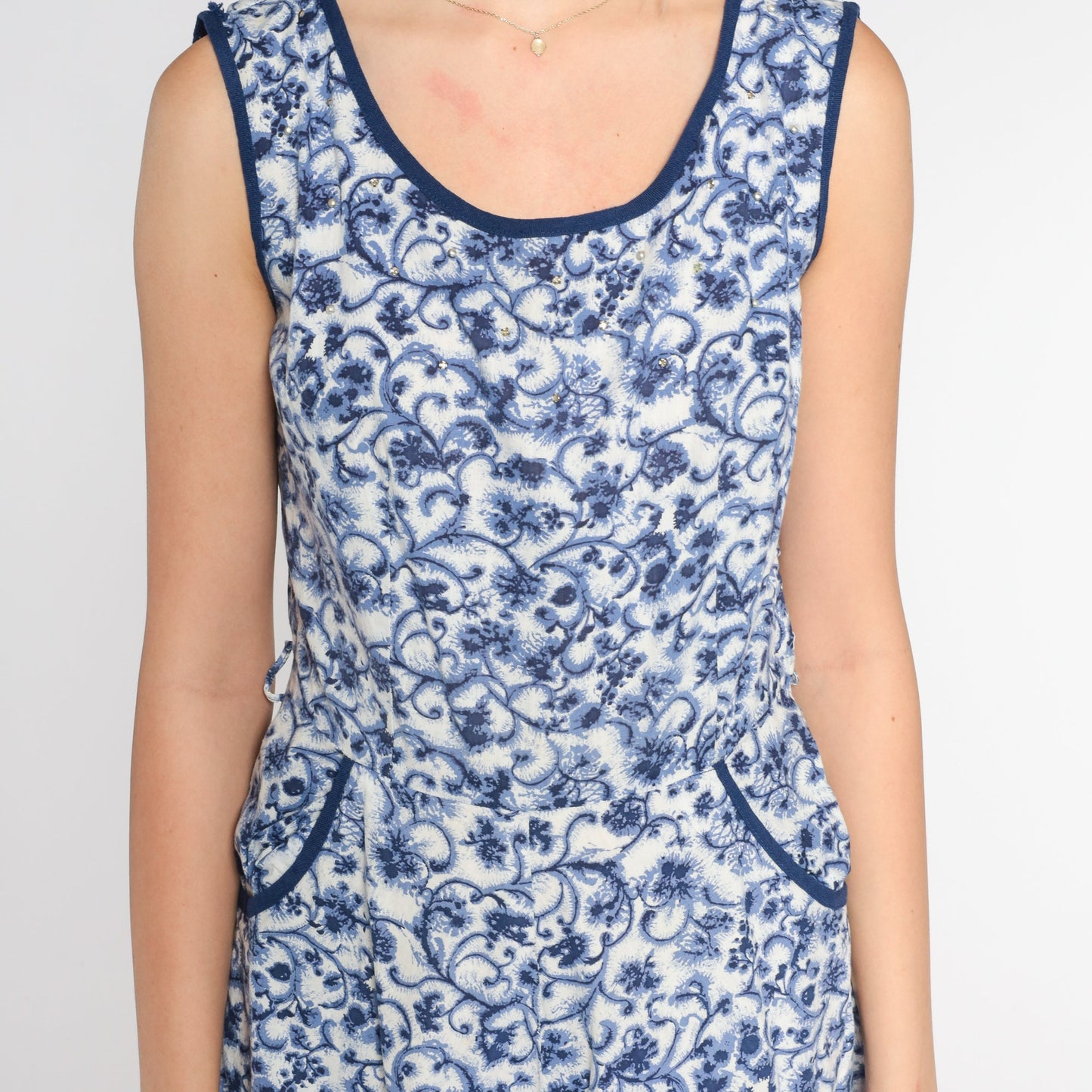 1960s Floral Midi Dress Blue White Rhinestone Beaded High Waist A-Line Medium