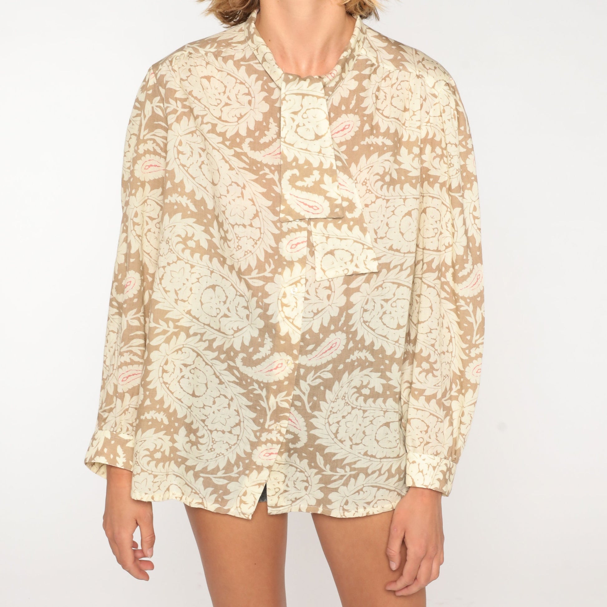 80s Paisley Necktie Blouse Tan Semi-Sheer Button-Up Long Sleeve Large L