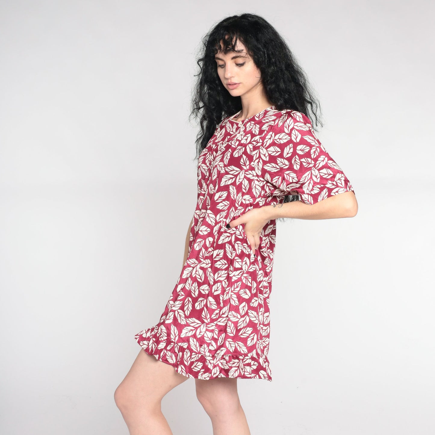 90s Leaf Print Tent Dress Dark Raspberry Red Mini Yoke Short Sleeve Small Medium