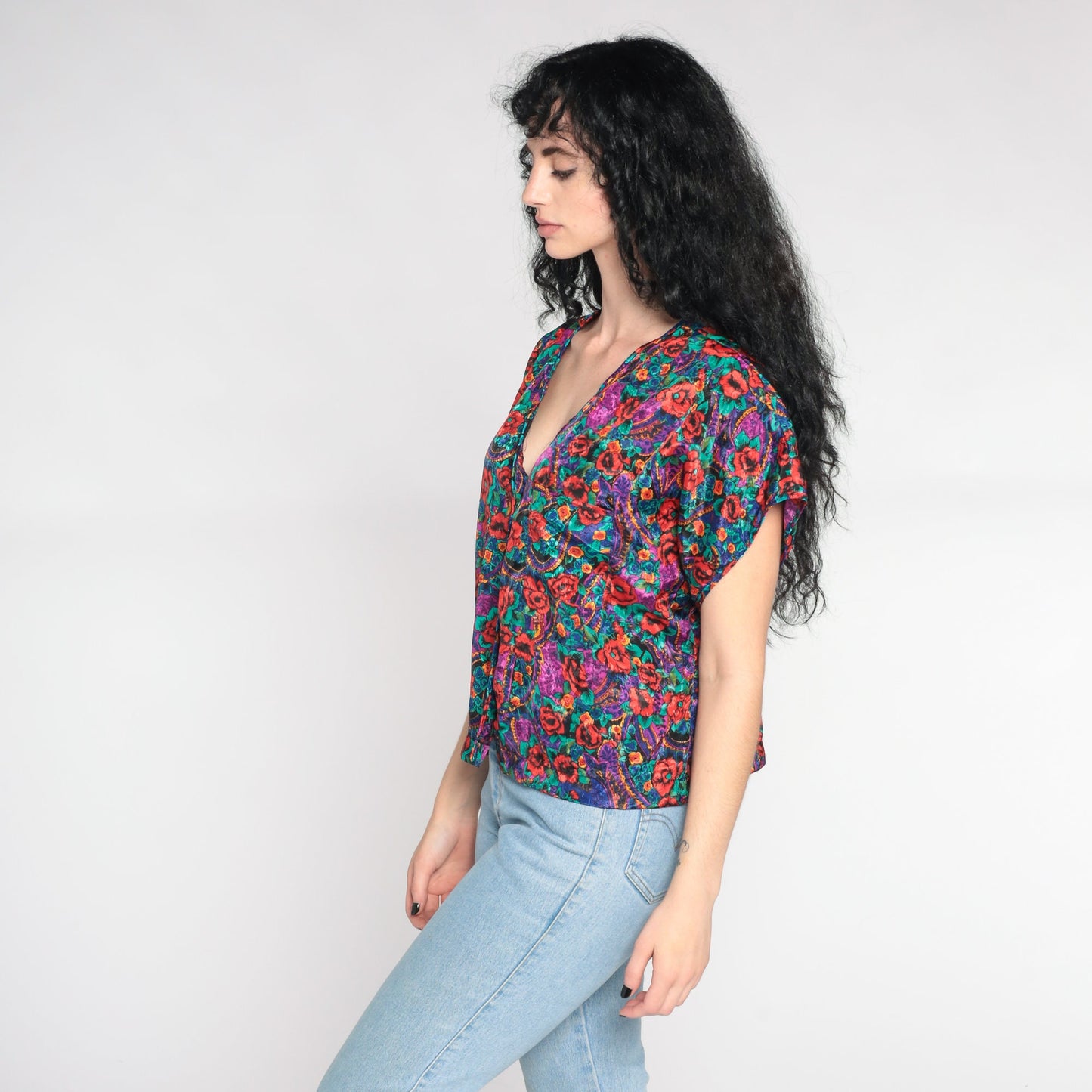 90s Embossed Paisley Floral Satin Pajama Top Button-Up Sleep Shirt Large L