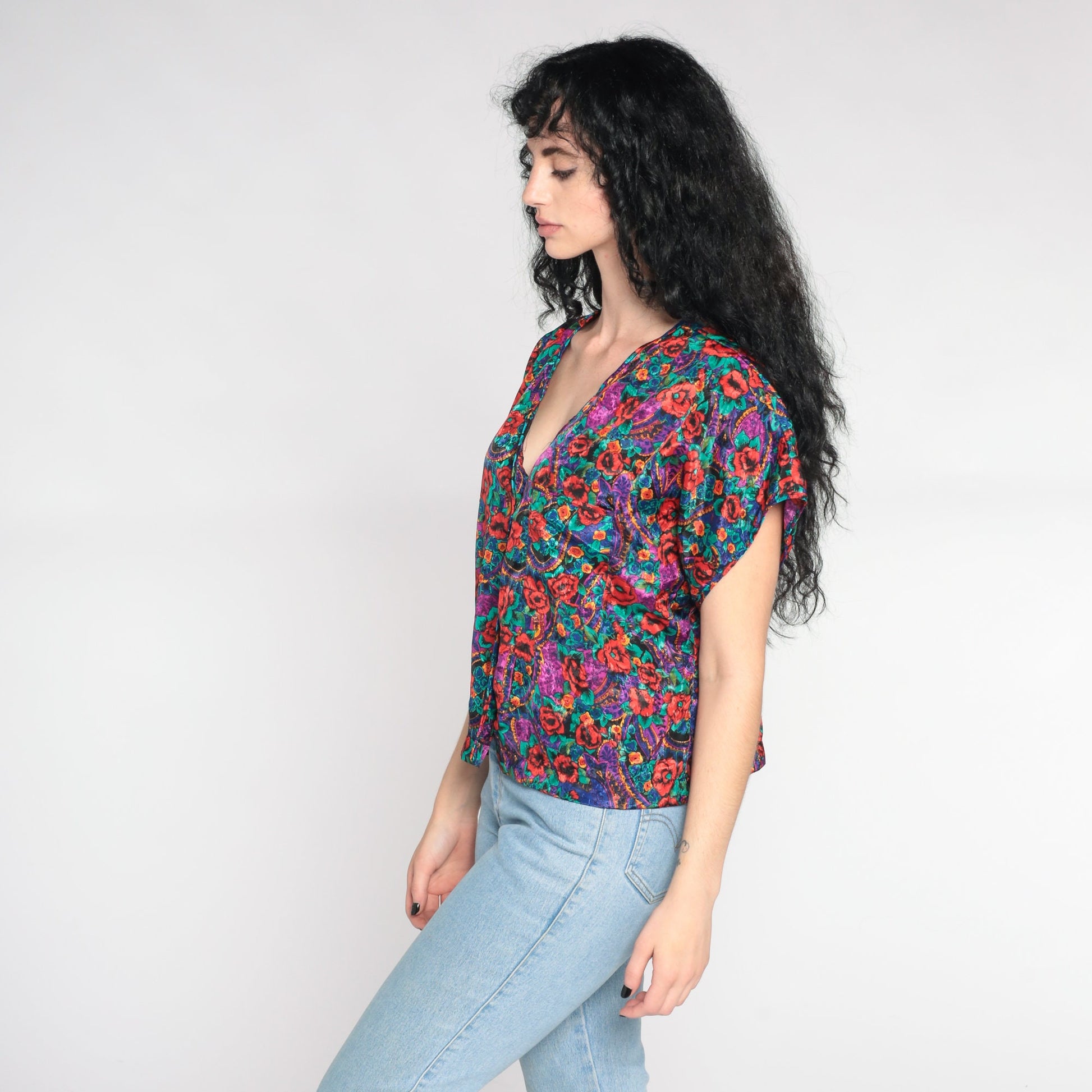 90s Embossed Paisley Floral Satin Pajama Top Button-Up Sleep Shirt Large L