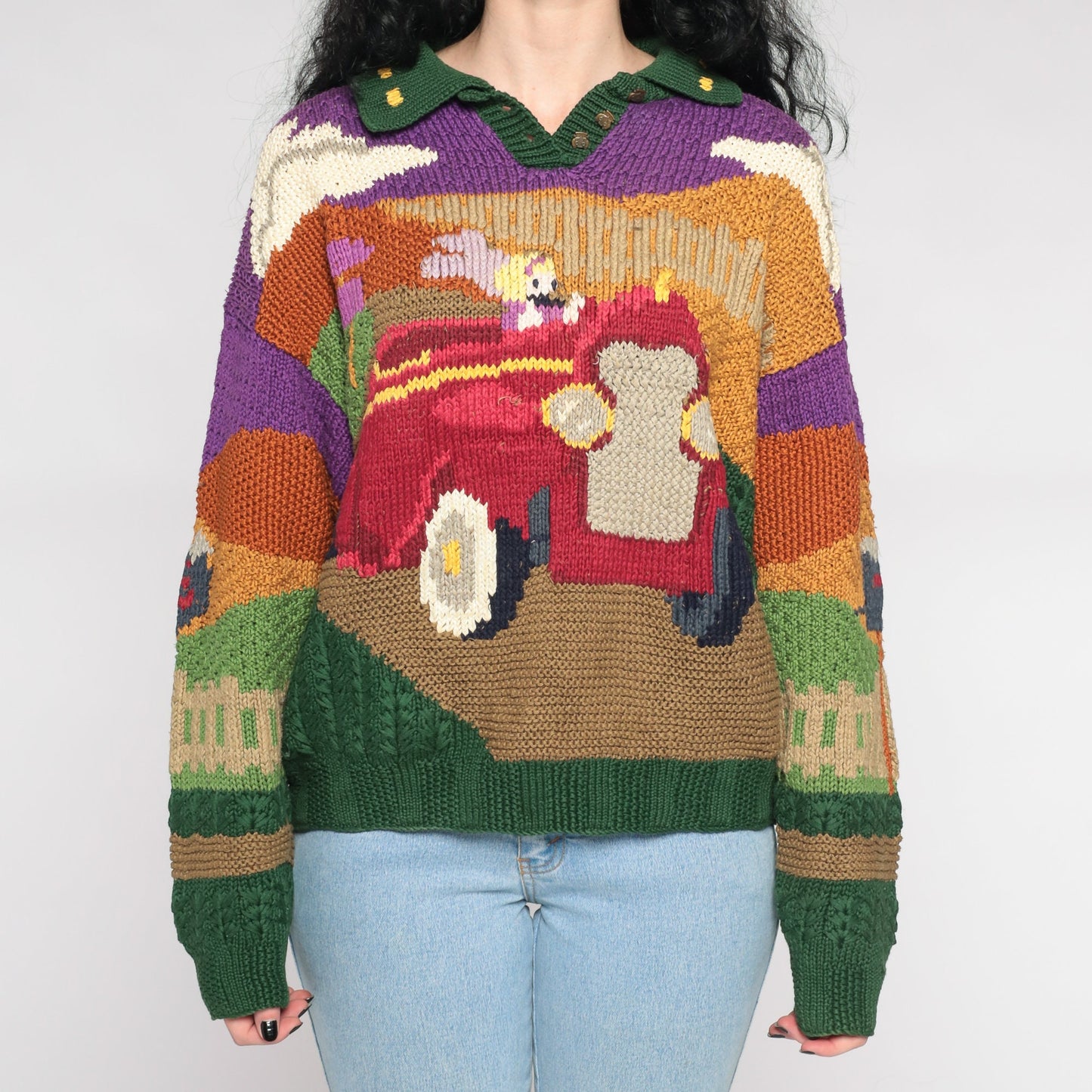 90s Princess Car Jacquard Knit Sweater Cotton Pullover Large L
