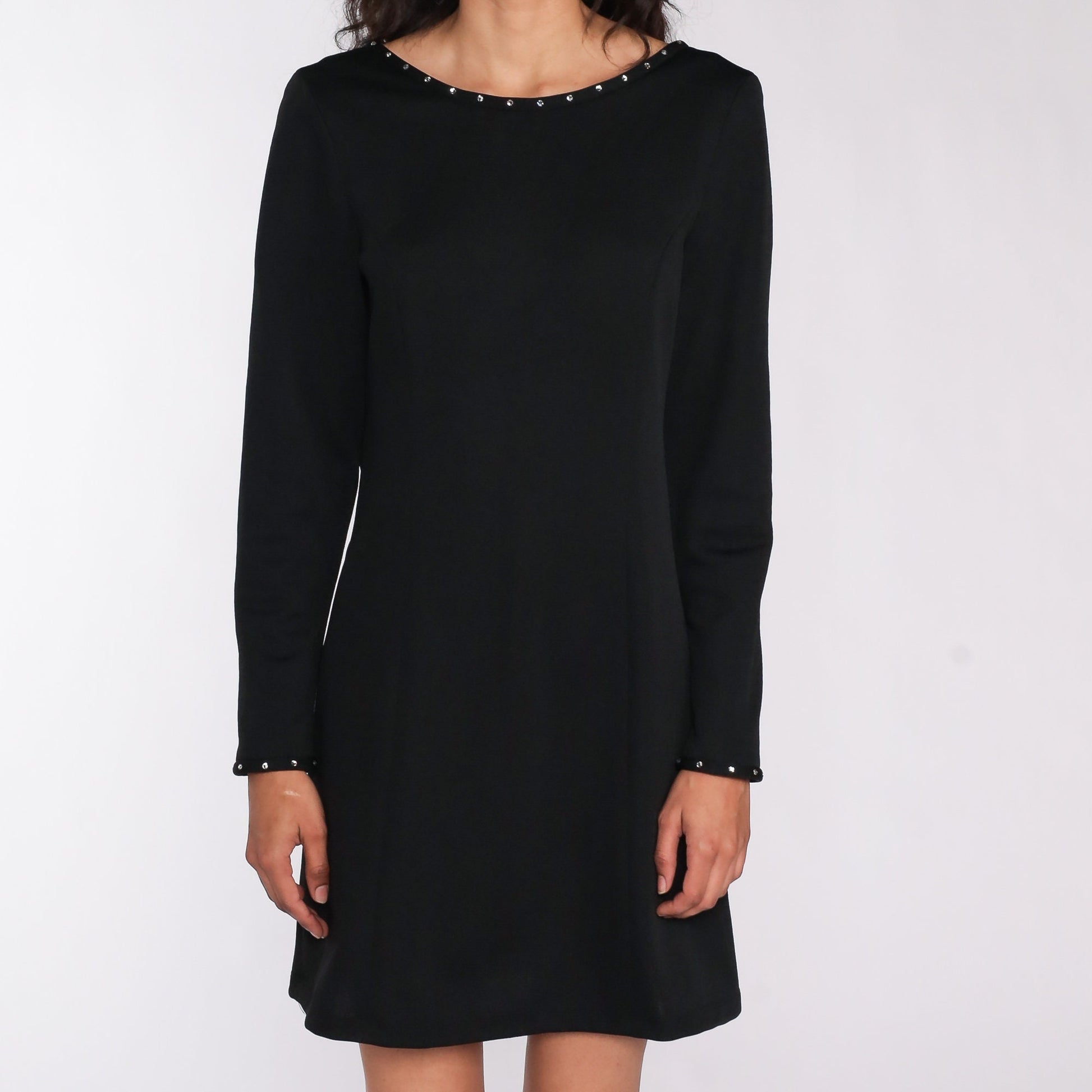 70s Black Mini Dress Rhinestone Low Back Shift Dress Medium