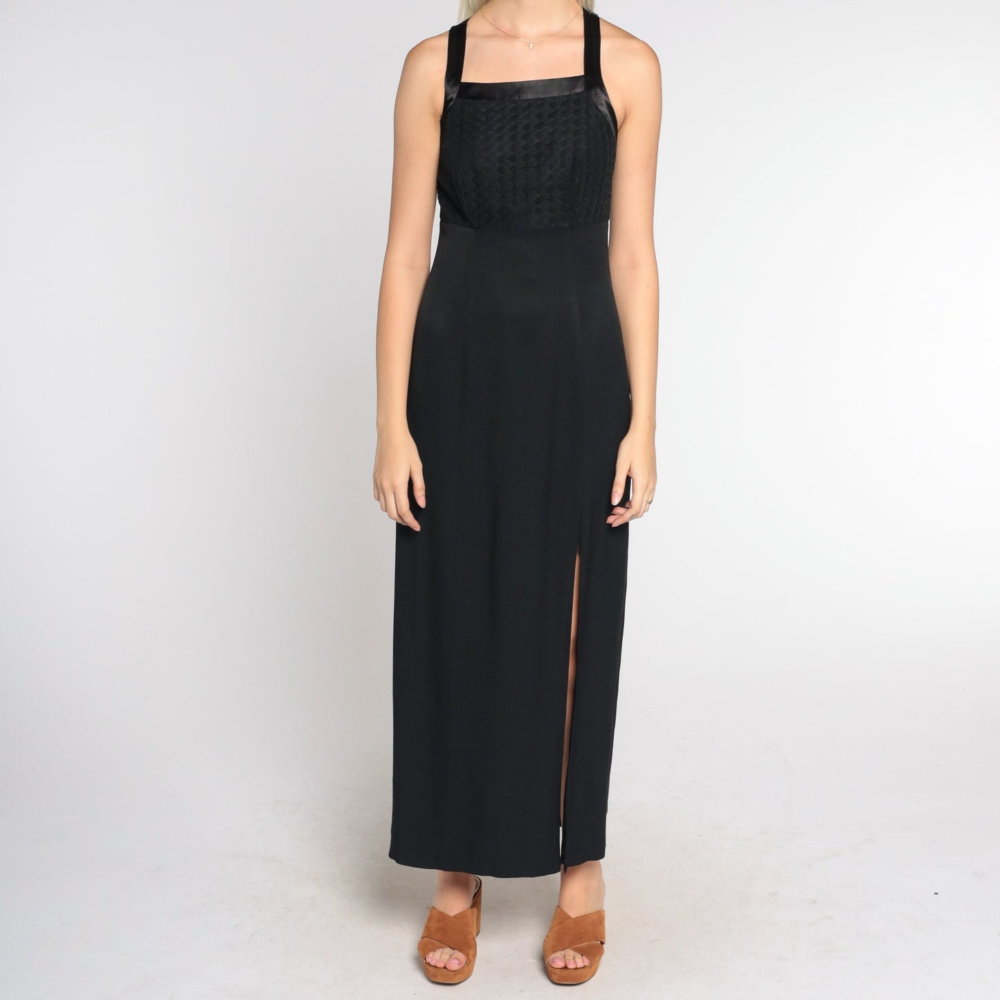90s Black Maxi Dress High Slit Criss Cross Straps Empire Waist Small 4
