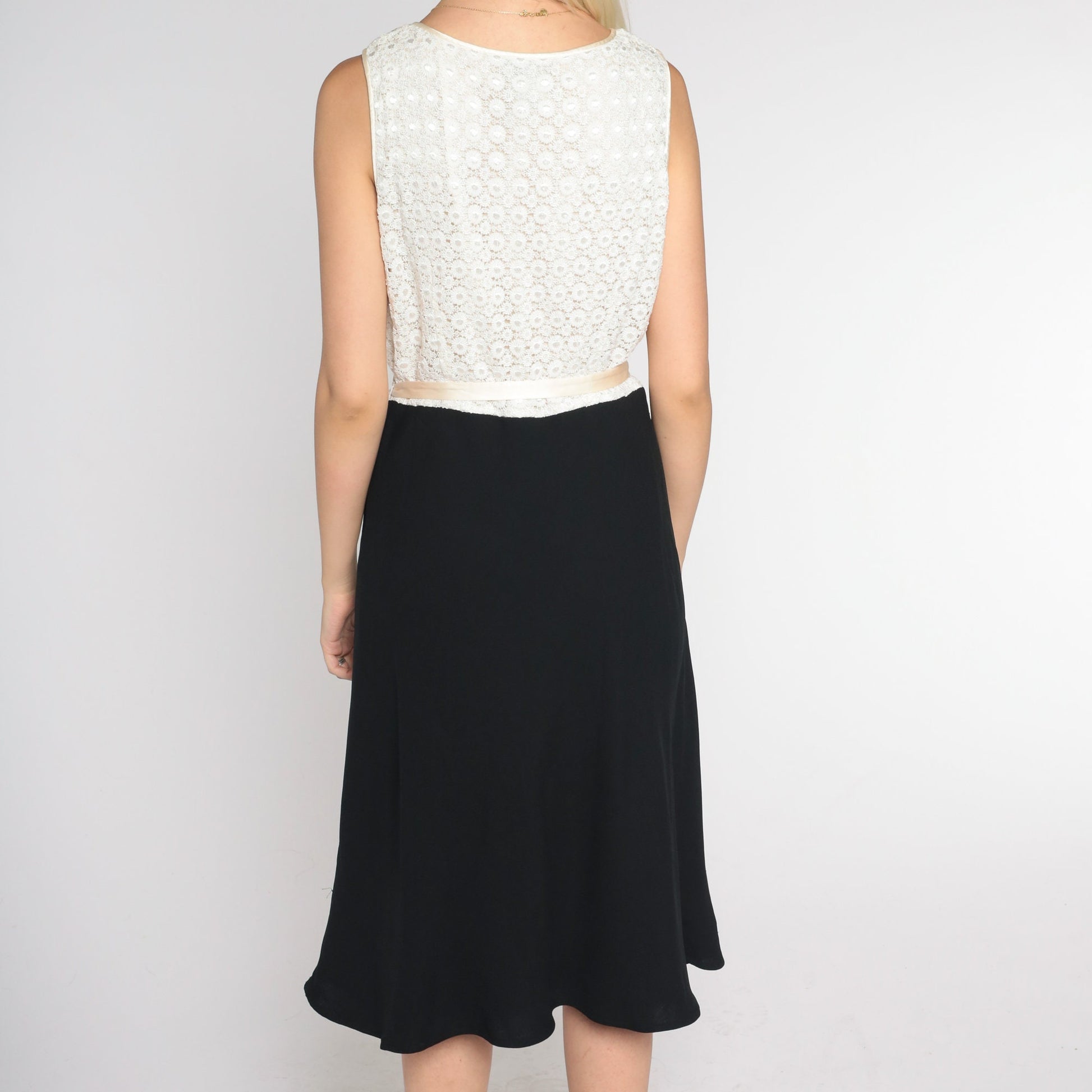 90s Black White Floral Lace Midi Dress High Waisted A-Line Sleeveless Medium