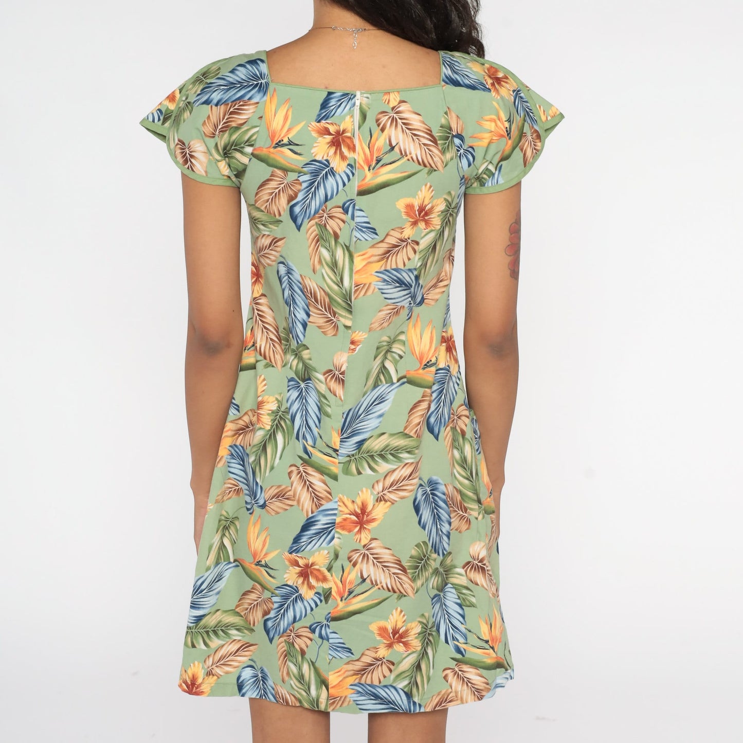 Y2K Tropical Floral Green Mini Dress Cap Sleeve Shift Cotton Extra Small