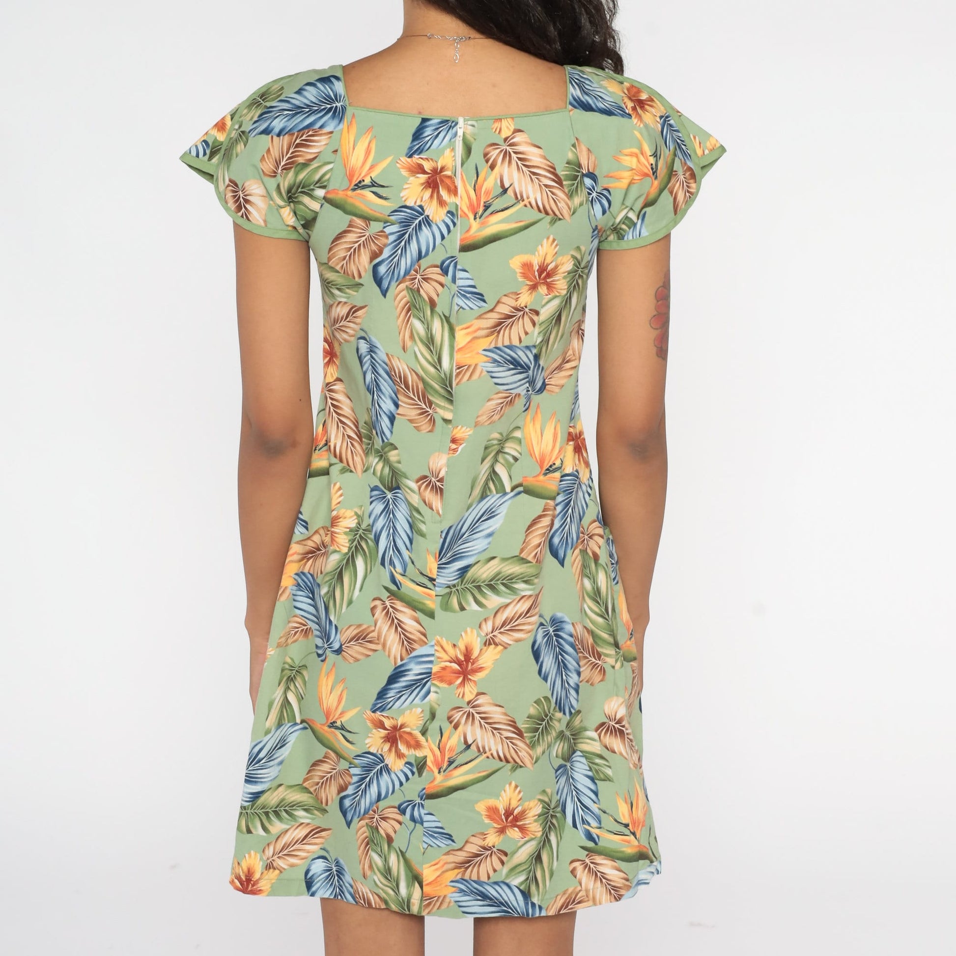 Y2K Tropical Floral Green Mini Dress Cap Sleeve Shift Cotton Extra Small