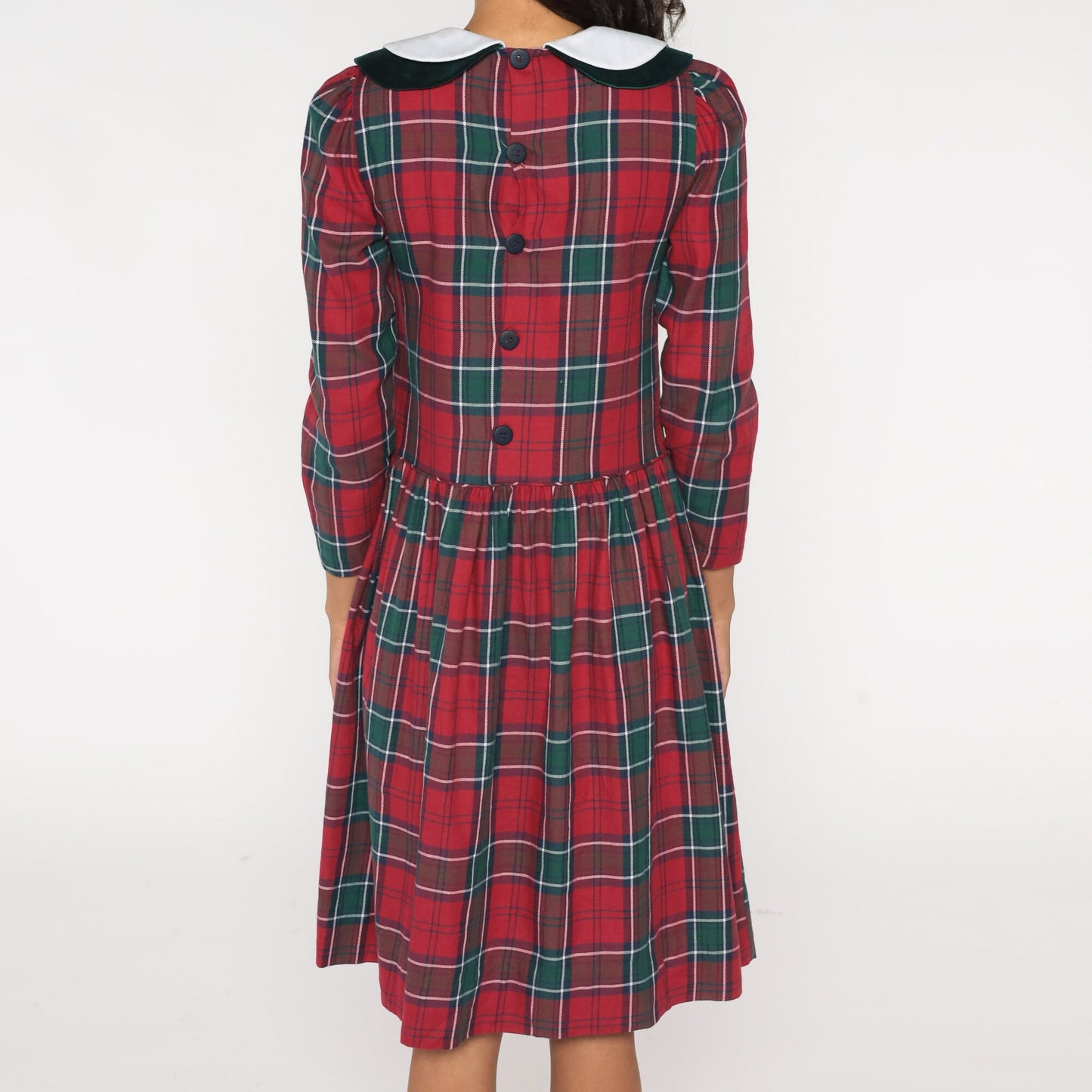 80s Red Plaid Midi Dress Peter Pan Collar Puff Sleeve Drop Waist Extra Small