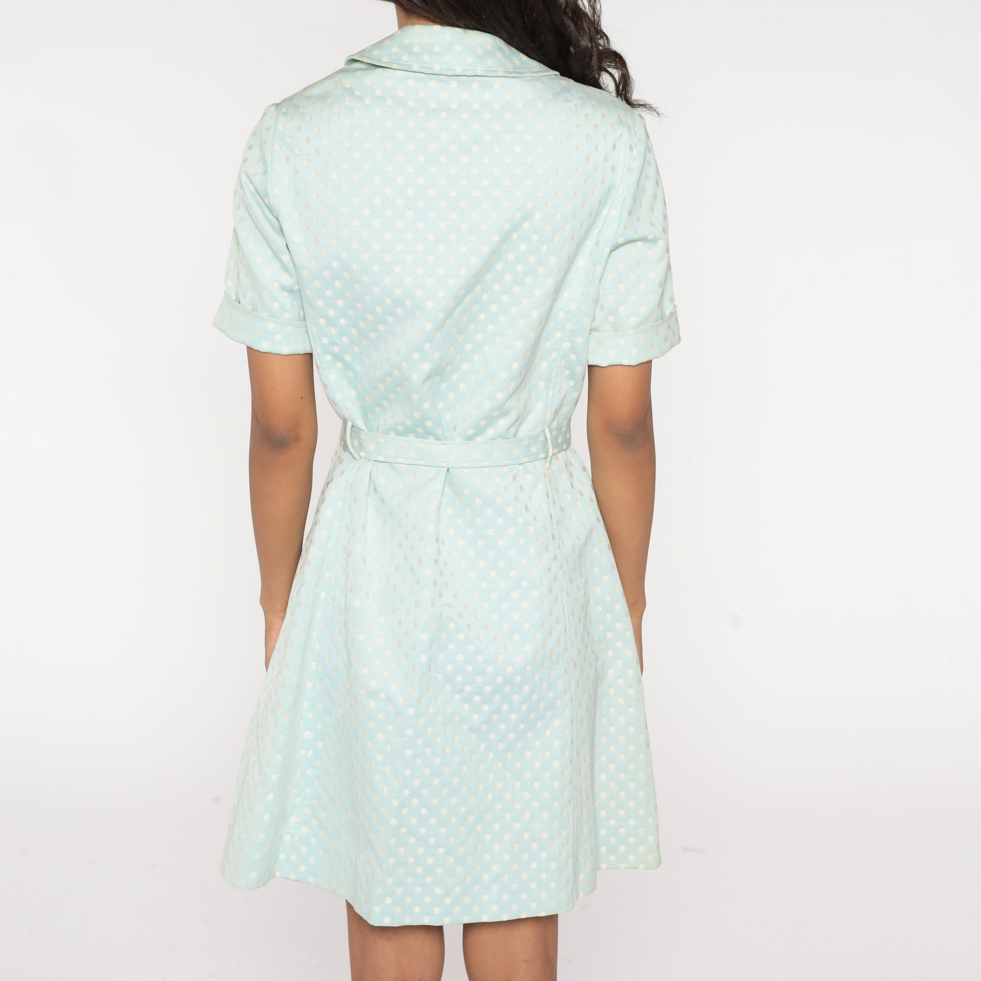 60s Baby Blue Polka Dot Mini Dress Double Breasted Button Up High Waist Medium