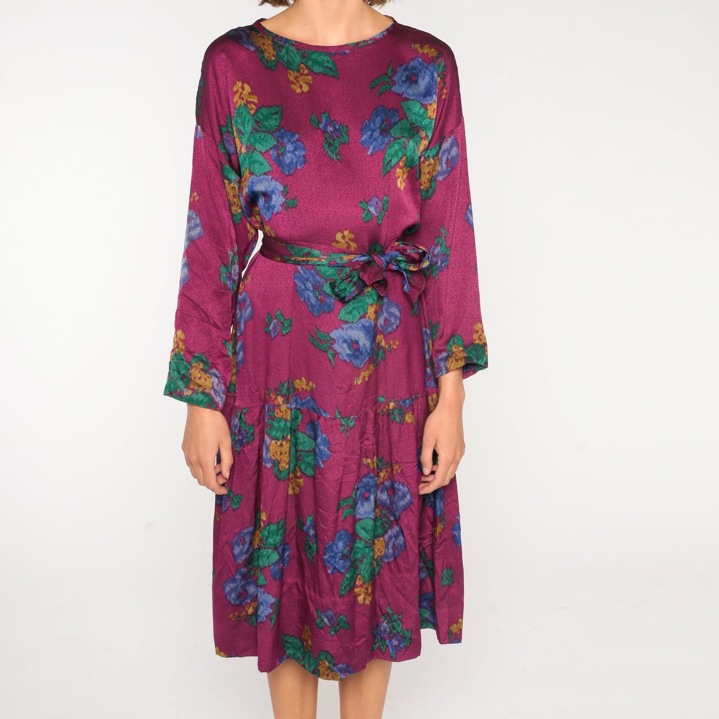90s Purple Floral Midi Dress Long Sleeve Tie Belt Medium