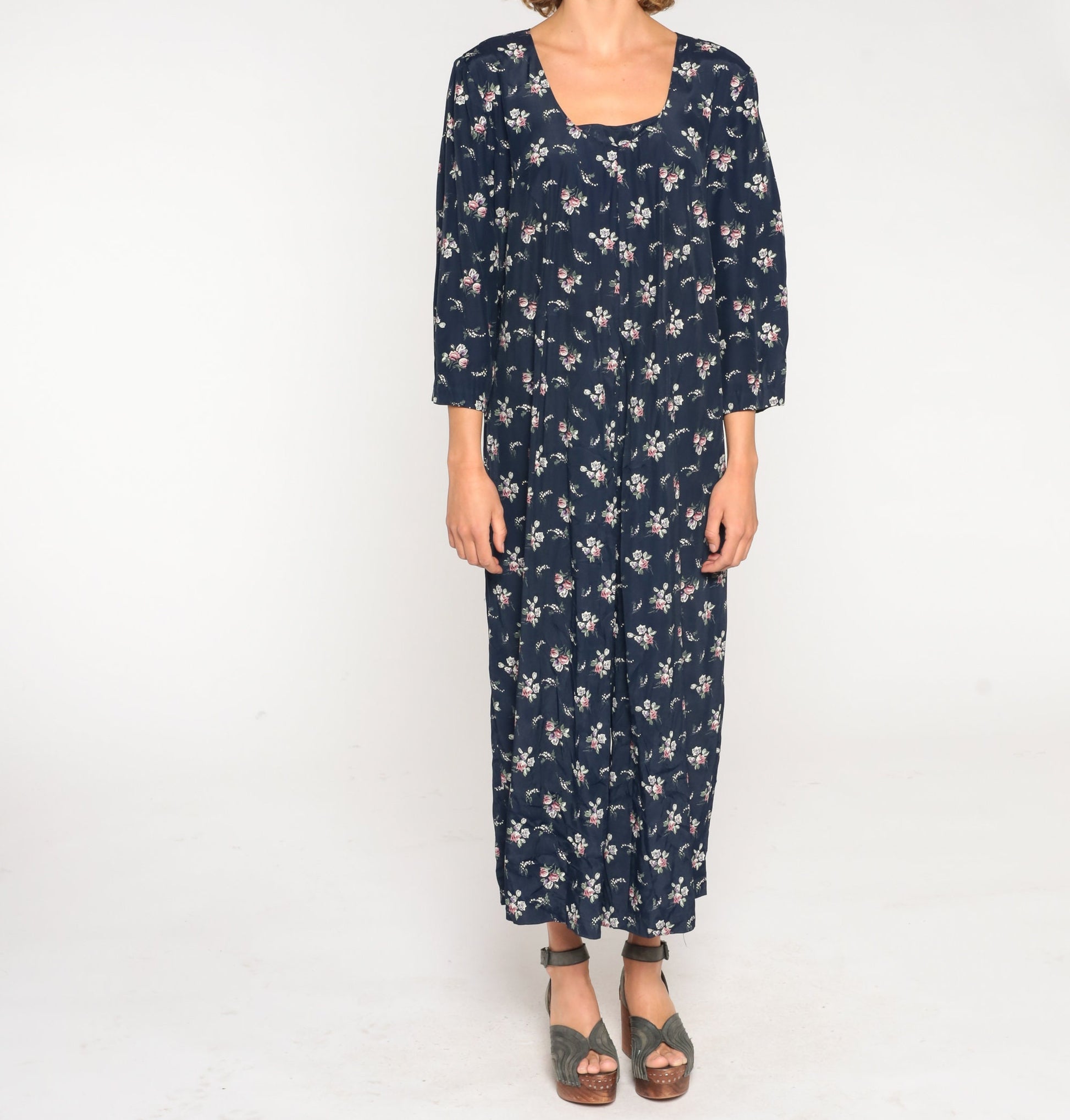 90s Navy Floral Wide Leg Jumpsuit Long Sleeve Rear Zipper Plus Size XXL