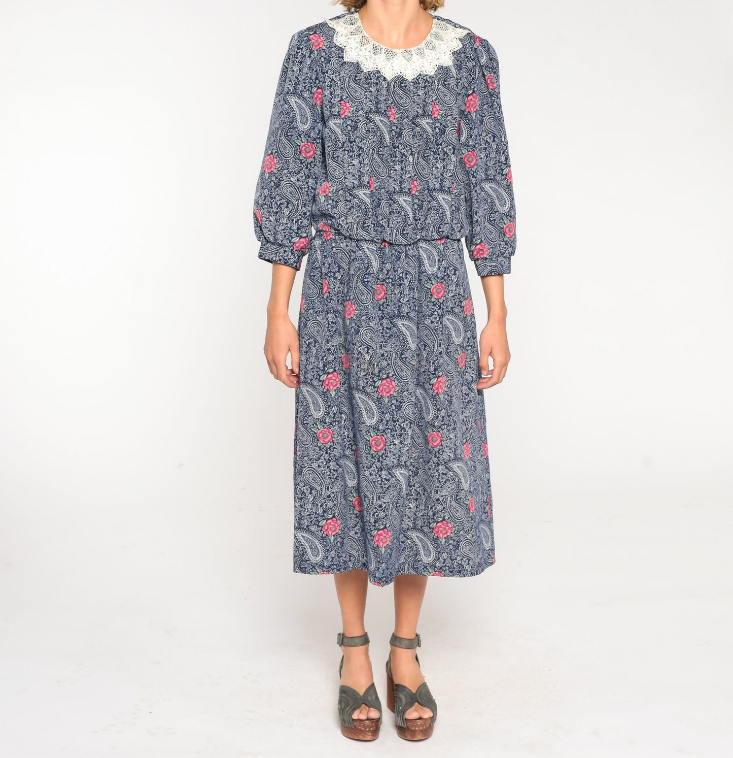 80s Navy Floral Paisley Midi Dress Lace Collar Puff Sleeve High Waist Medium