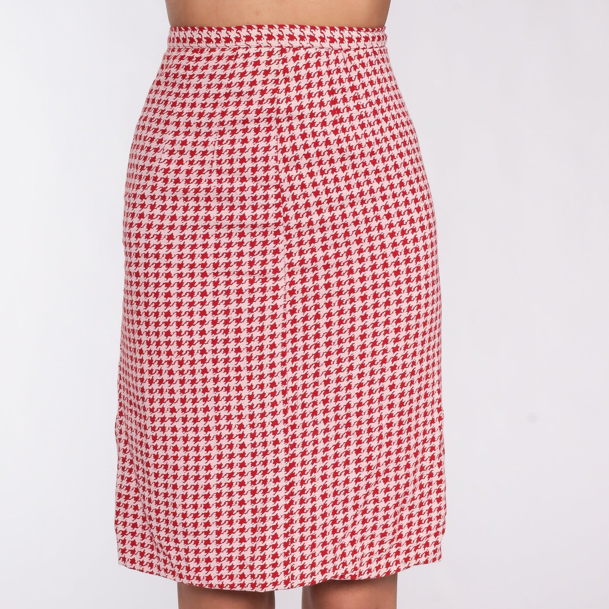 60s Red Houndstooth Pencil Mini Skirt High Waist Checkered Extra Small XS