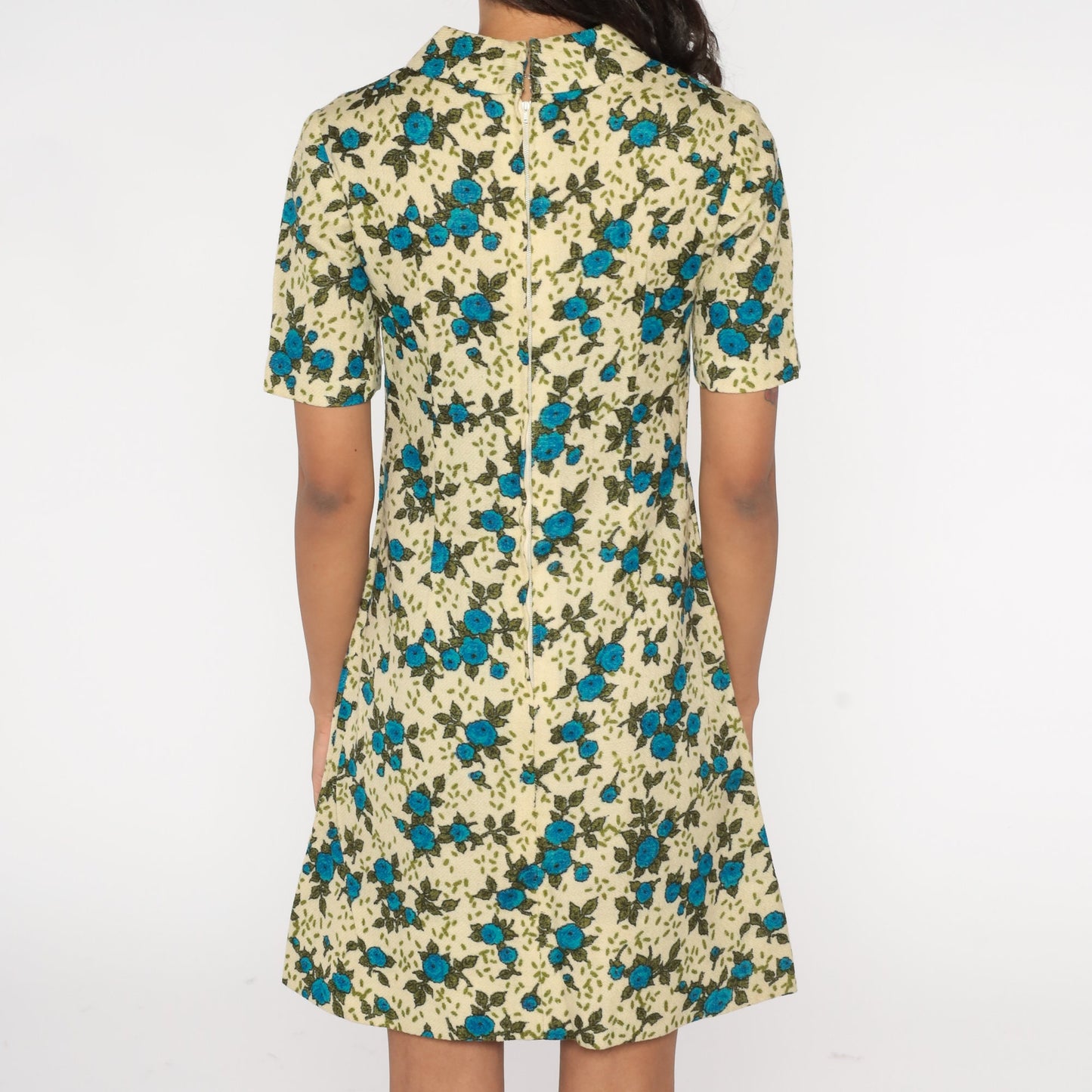 60s Floral Wool Blend Mini Dress Mock Neck A-Line Short Sleeve Cream Blue Extra Small