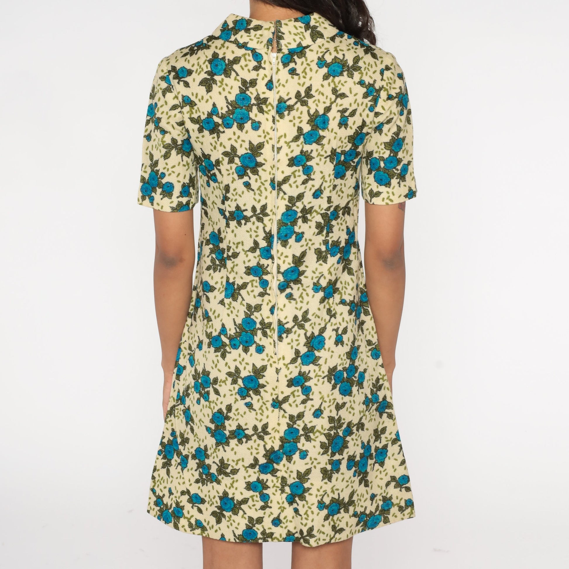 60s Floral Wool Blend Mini Dress Mock Neck A-Line Short Sleeve Cream Blue Extra Small