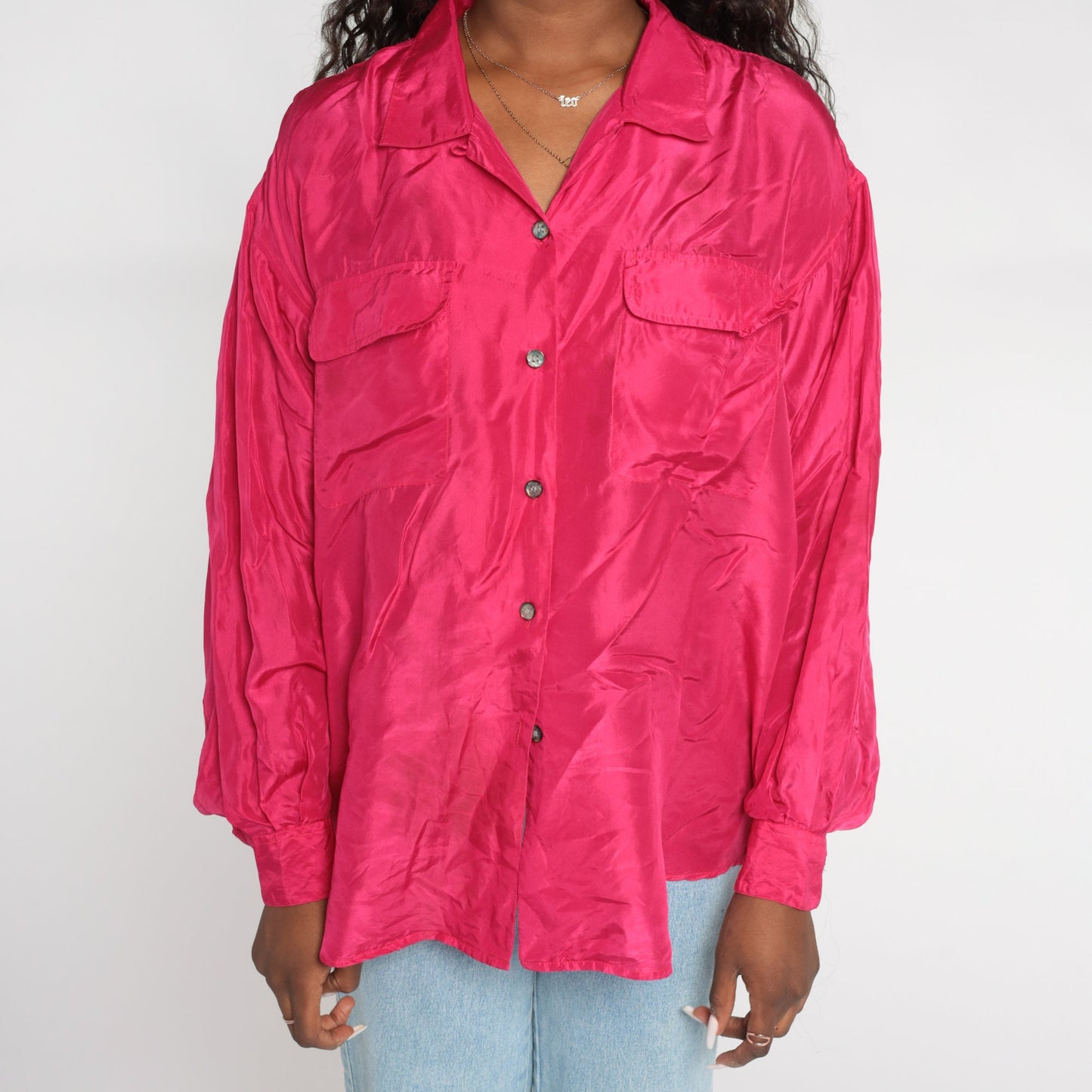 00s Hot Pink Silk Button-Up Blouse Long Sleeve Collared Shirt Large L