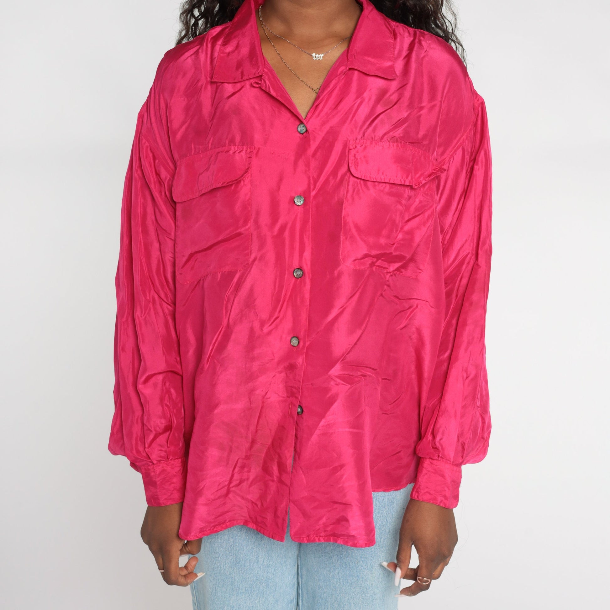 00s Hot Pink Silk Button-Up Blouse Long Sleeve Collared Shirt Large L