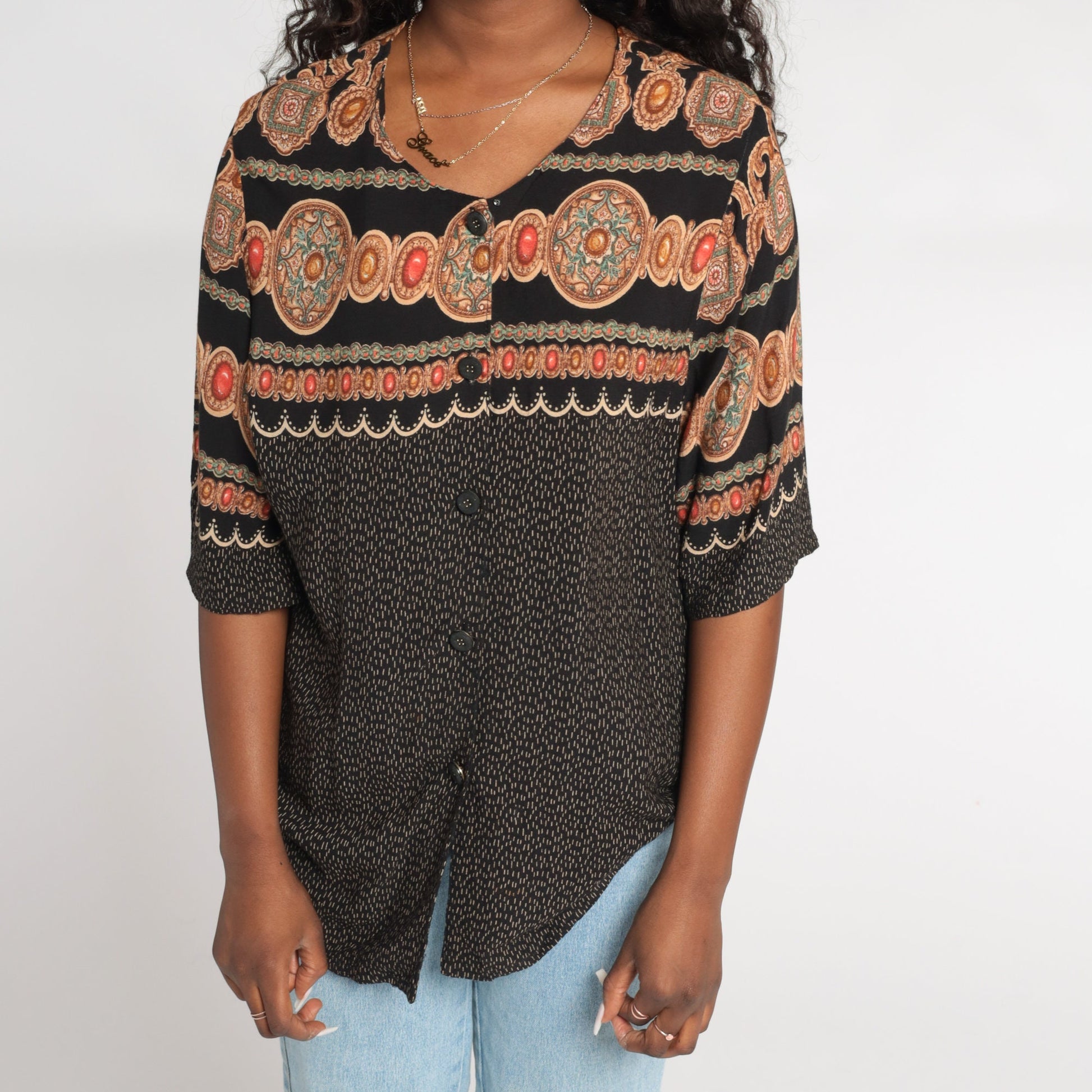 90s Black Abstract Medallion Print Button Up Shirt Rayon Short Sleeve Large L