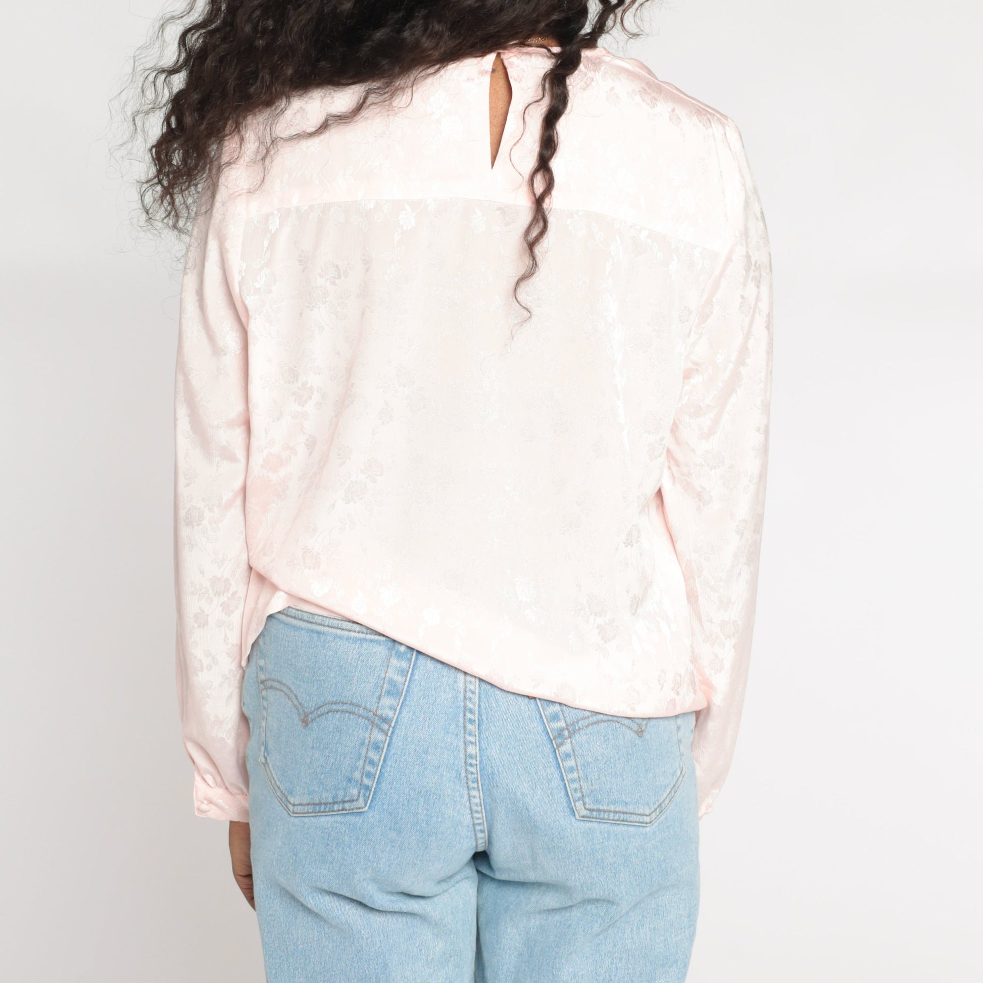 90s Baby Pink Embossed Floral Blouse Pleated Long Sleeve Large