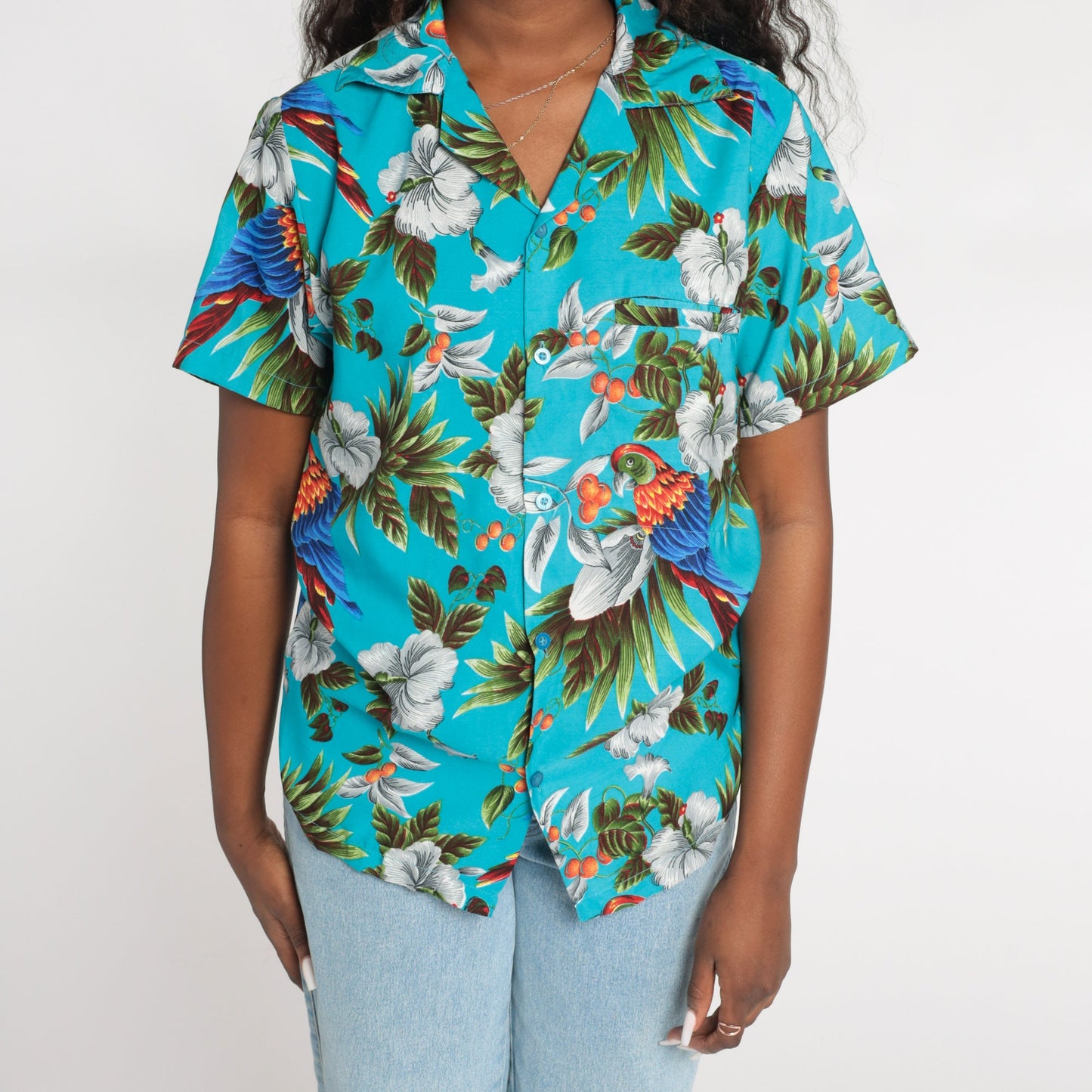 Y2K Blue Hawaiian Button-Up Shirt Parrot Tropical Floral Print Small S