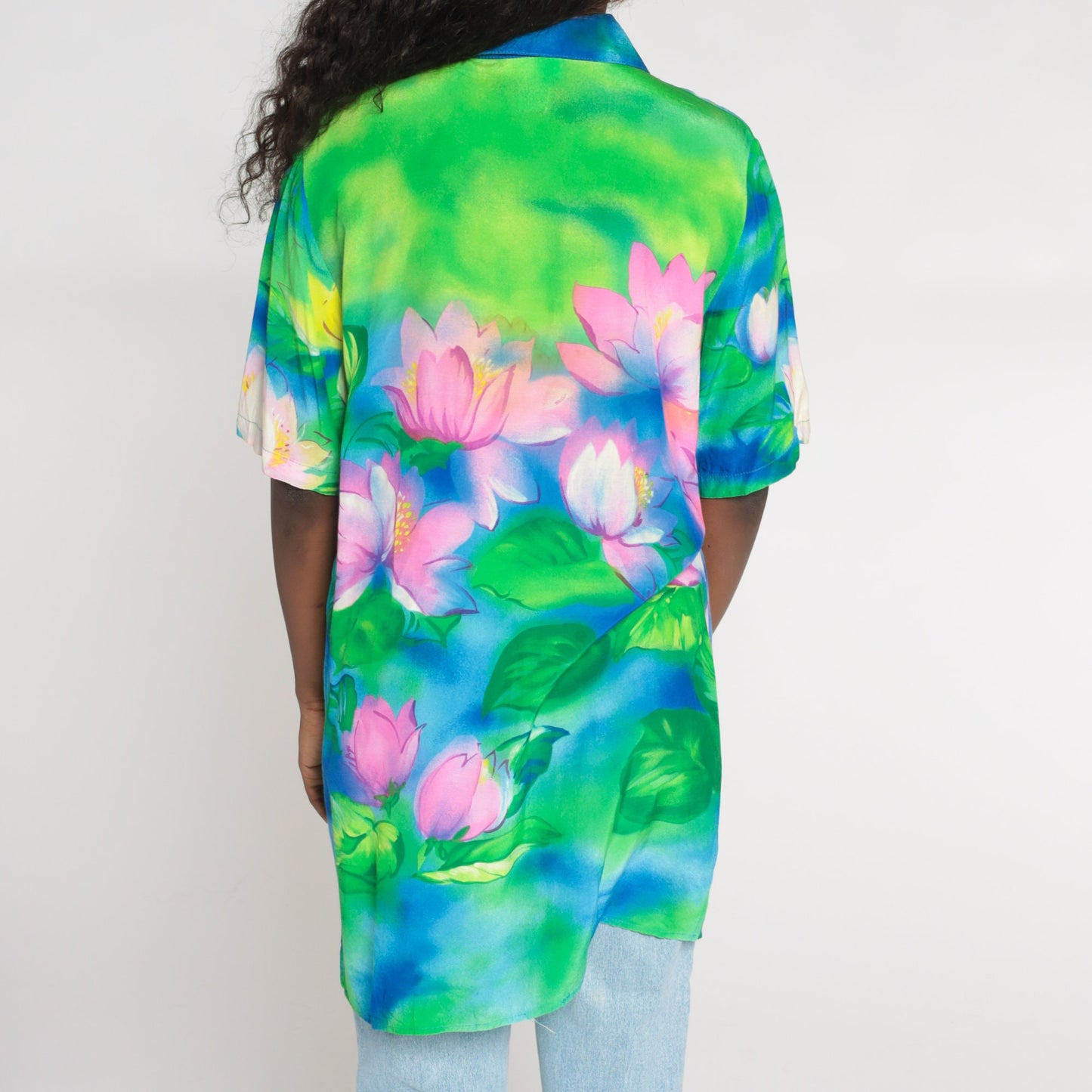 Y2K Water Lily Floral Button Up Blouse Blue Green Pink Short Sleeve Medium Large