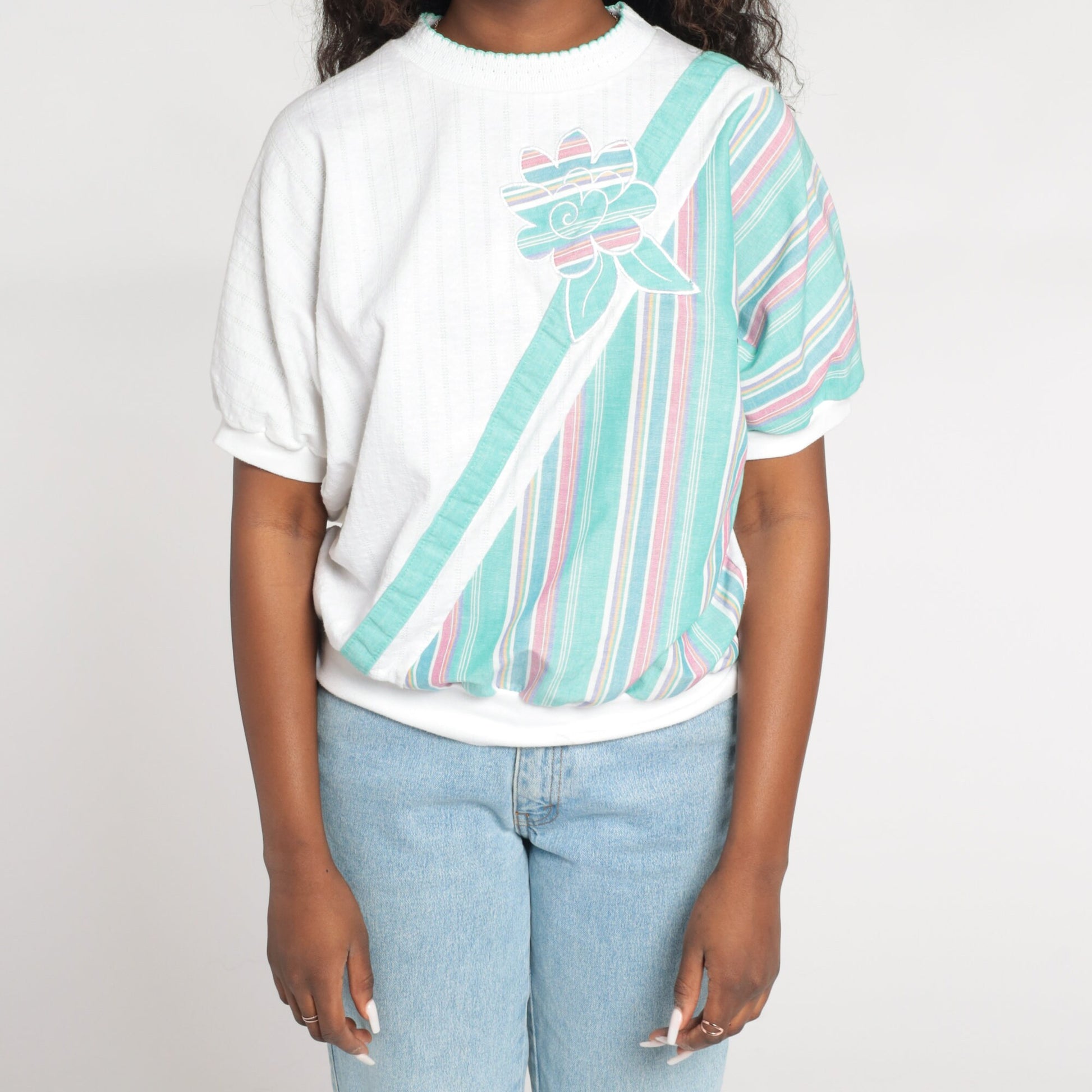 90s Floral Striped Colour Block Ribbed Shirt White Green Medium M