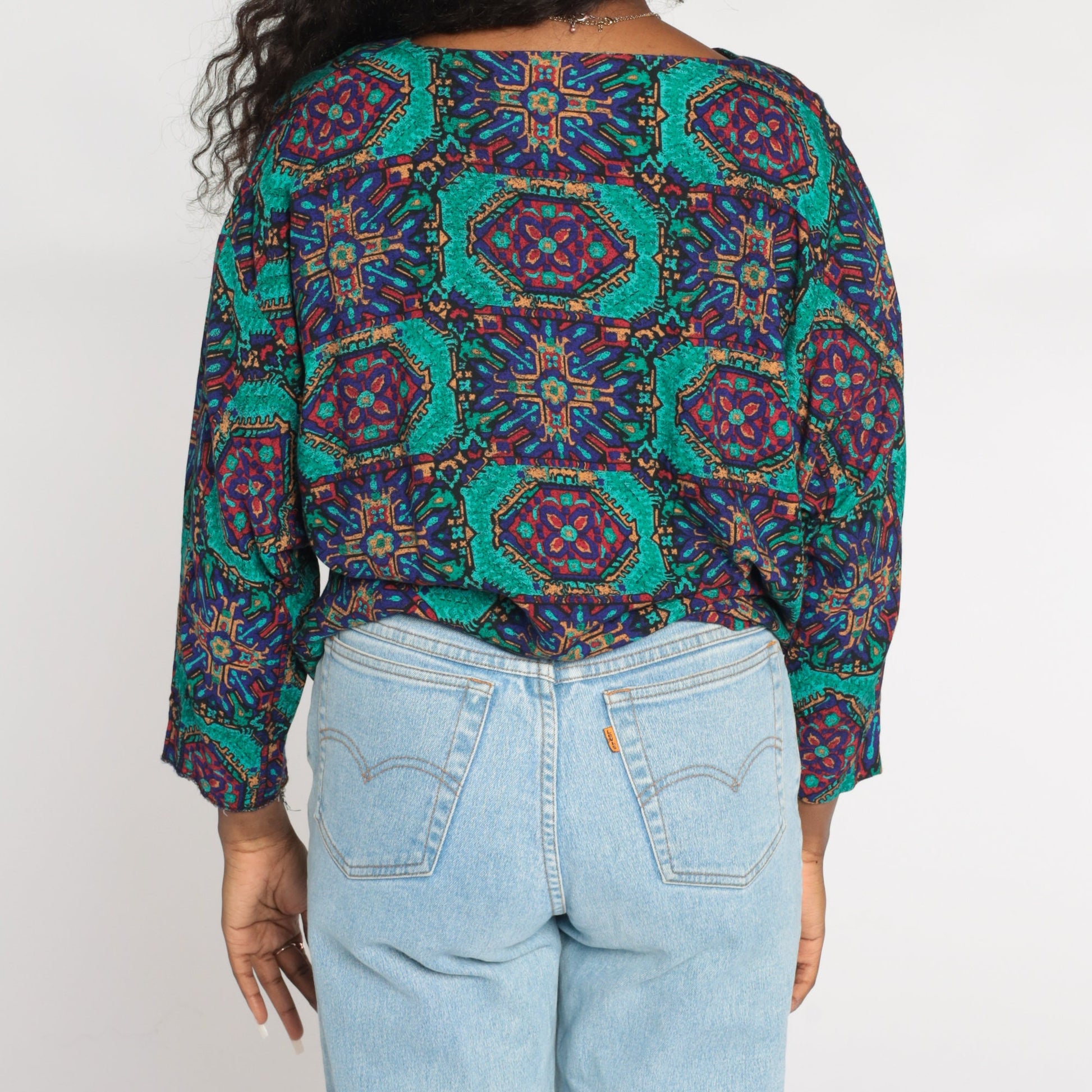 90s Geometric Tile Print Rayon Blouse Long Sleeve Medallion Top Medium
