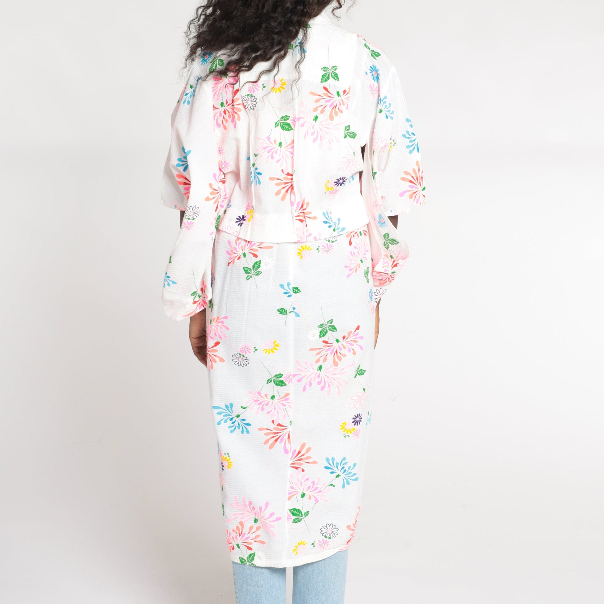 90s White Floral Kimono Robe Midi Length Tie Front Small Medium Large