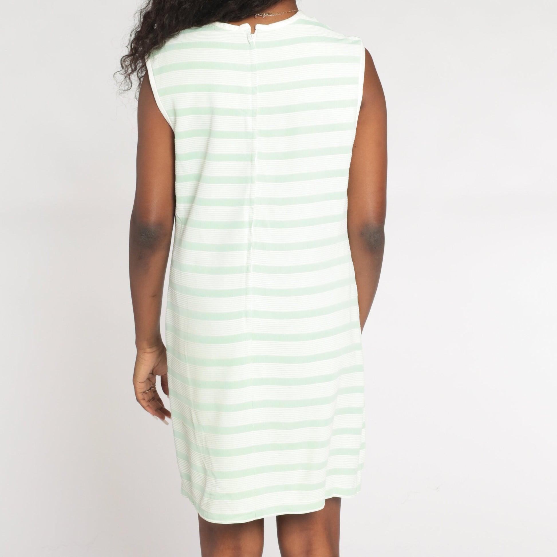 60s Striped Shift Mini Dress Mint Green White Sleeveless Medium M