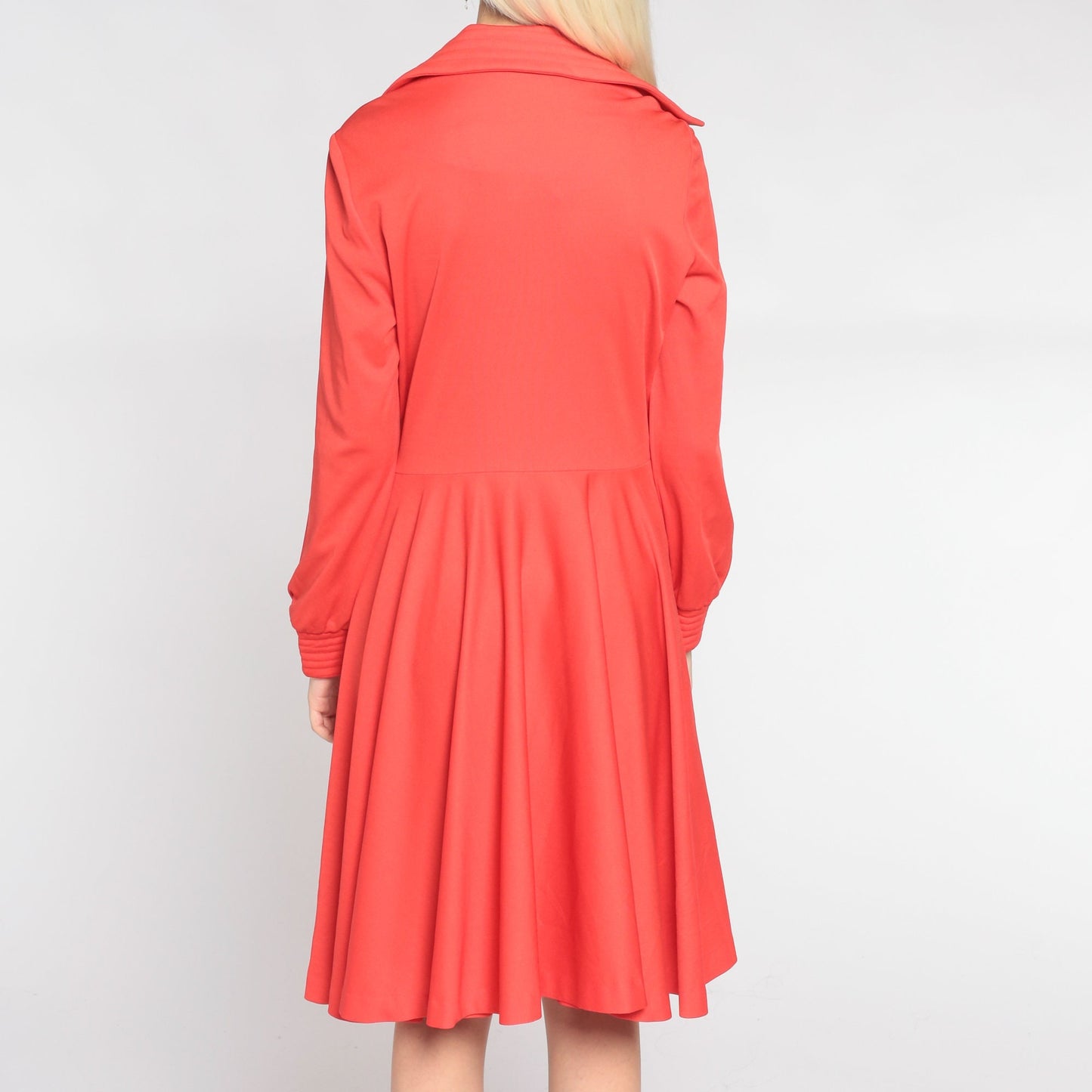 70s Red Mini Dress Dagger Collar Button-Up High Waisted Long Sleeve Medium M