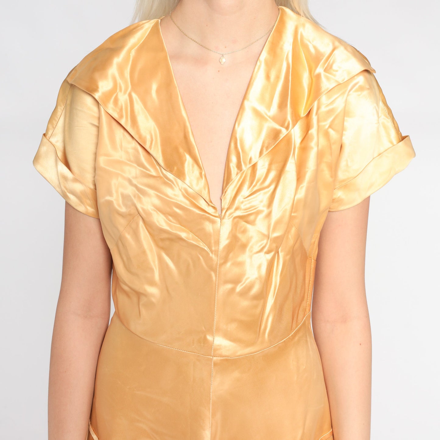 1940s Gold Silk Satin Midi Dress V-Neck Collared Short Sleeve Small S