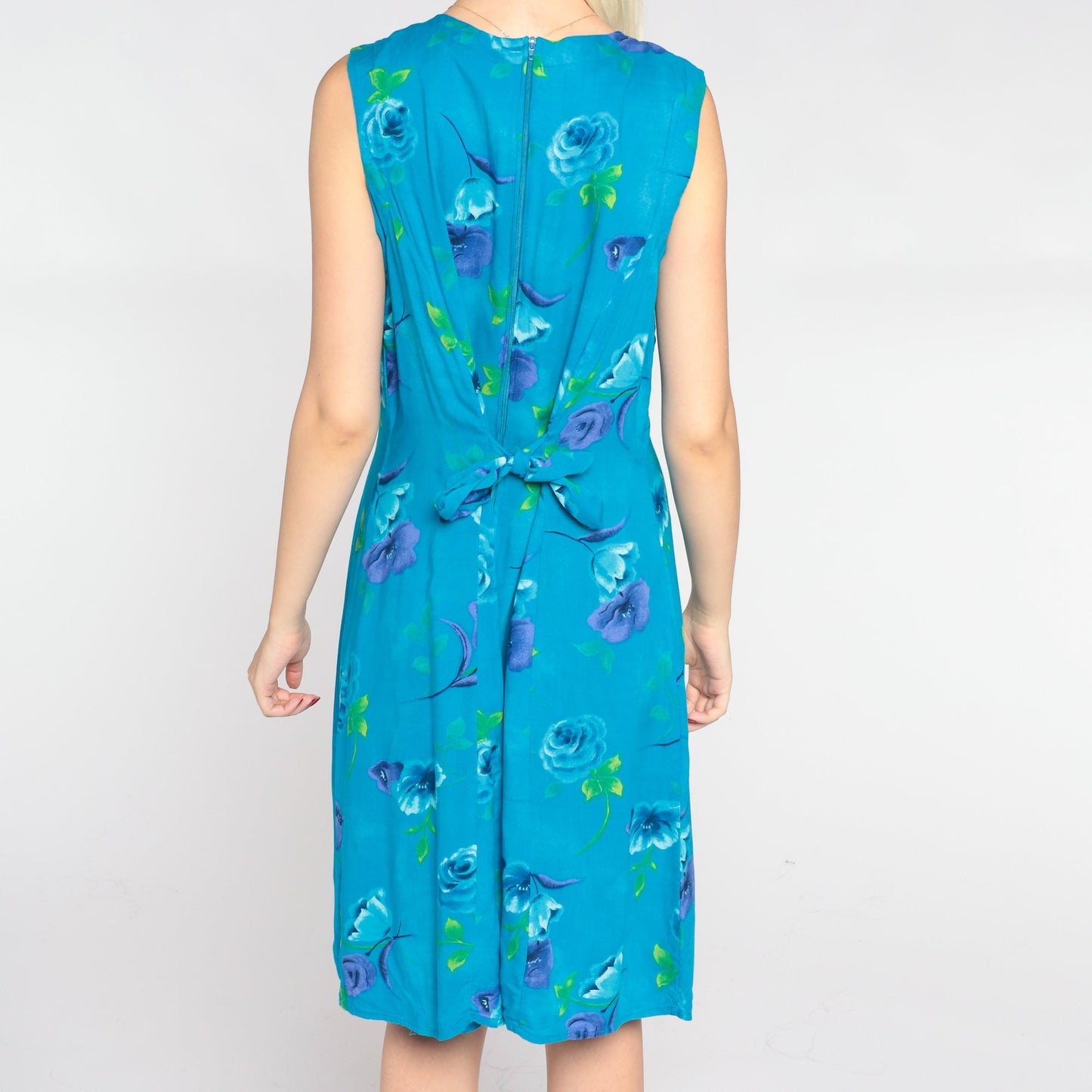 90s Blue Floral Mini Dress Sleeveless A-Line Scoop Neck Large Petite