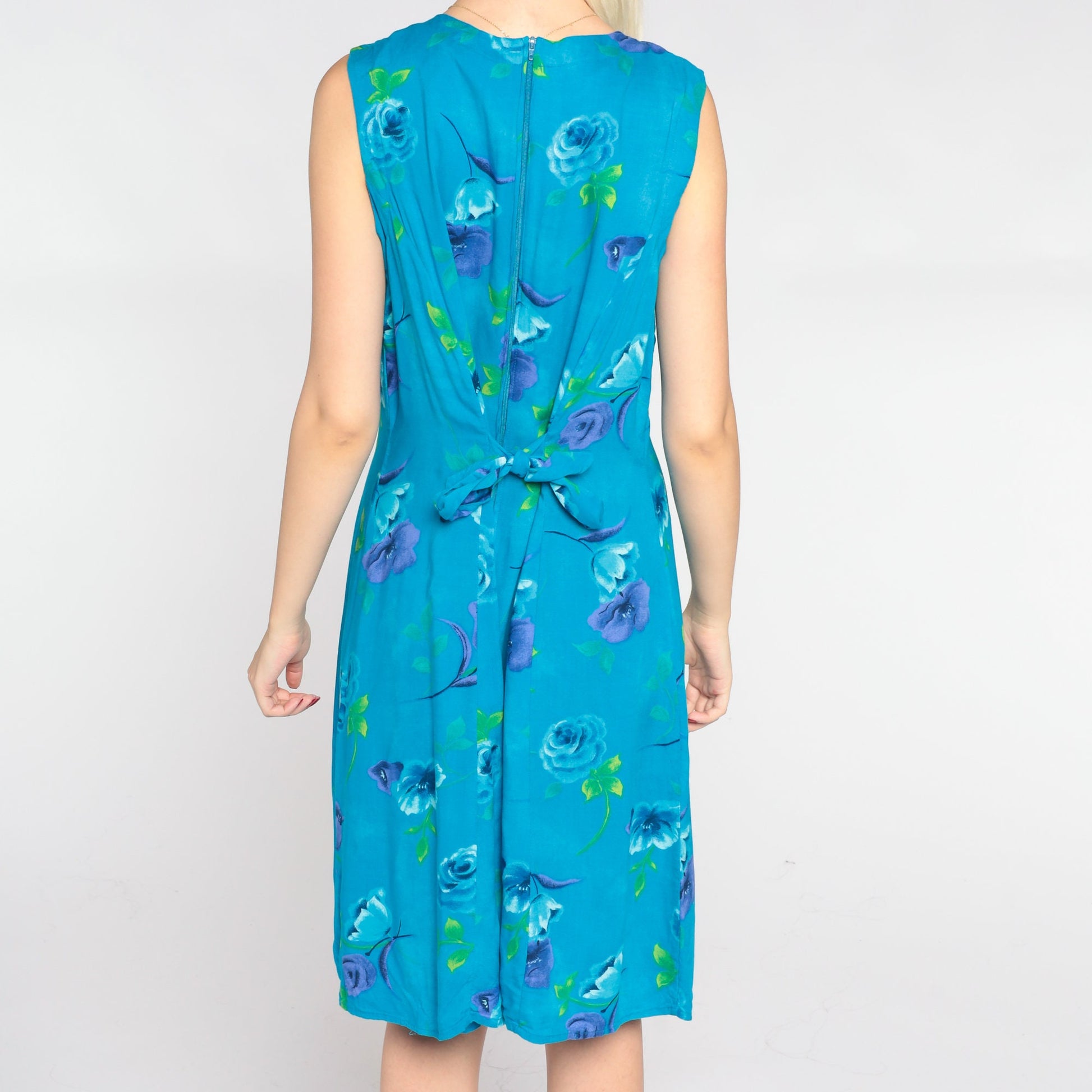 90s Blue Floral Mini Dress Sleeveless A-Line Scoop Neck Large Petite
