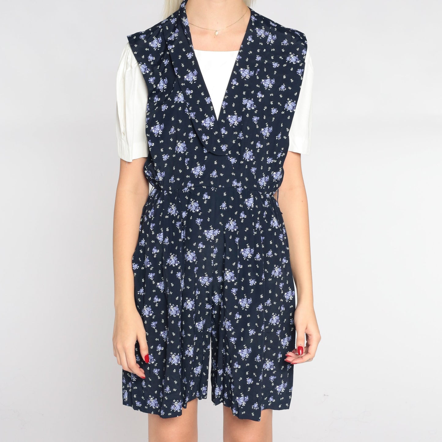 90s Floral Navy Blue Romper White Layered Short Sleeve Wide Leg Small
