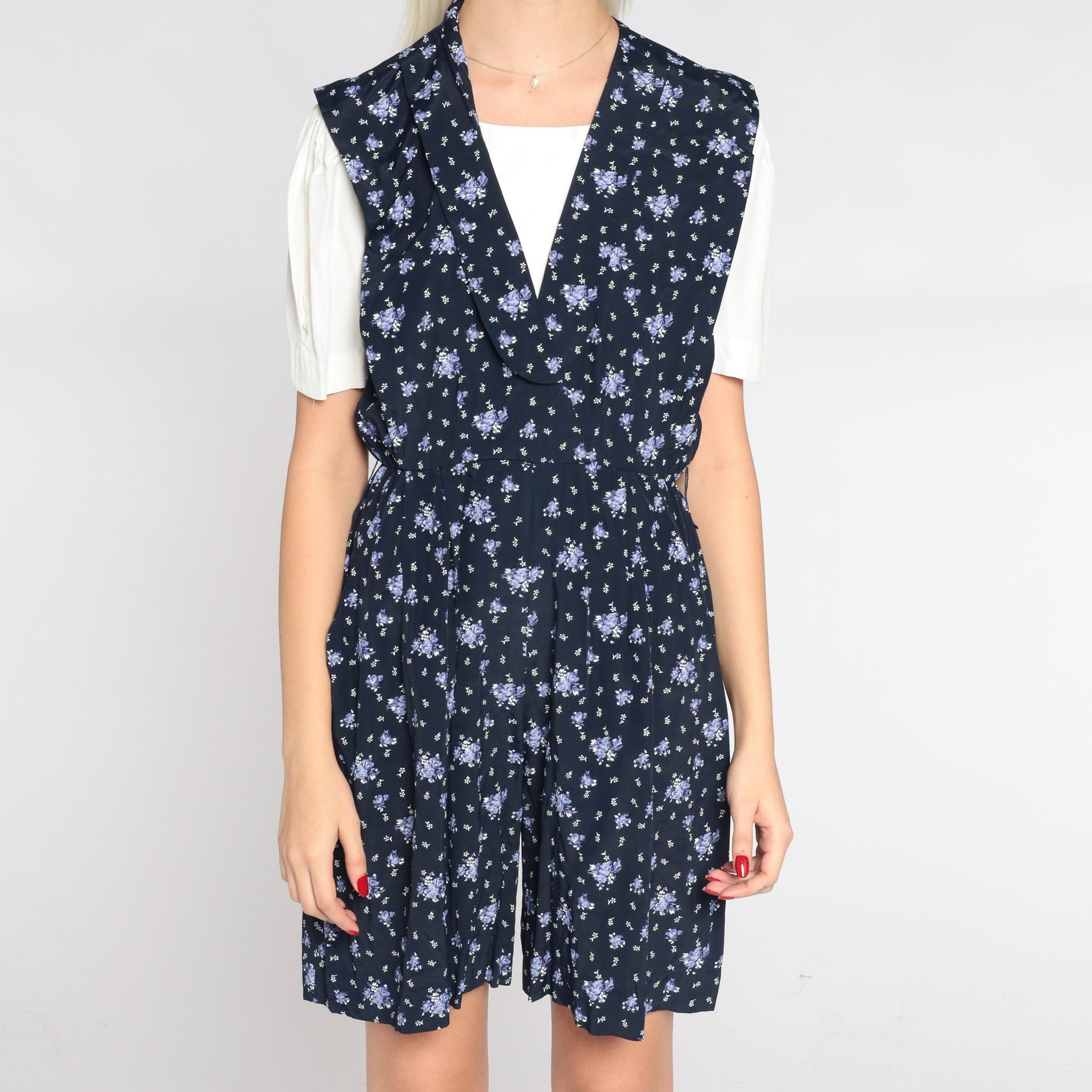 90s Floral Navy Blue Romper White Layered Short Sleeve Wide Leg Small