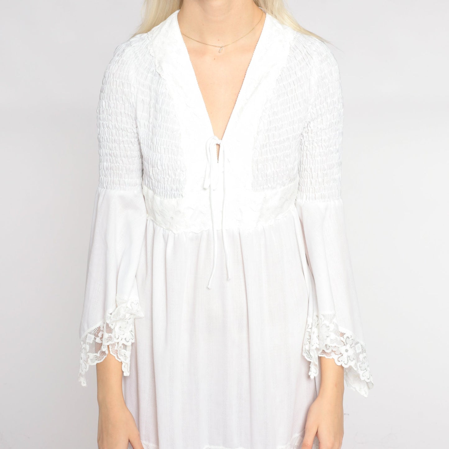 70s White Maxi Dress Angel Bell Sleeve V Neck Empire Waist Smocked Small