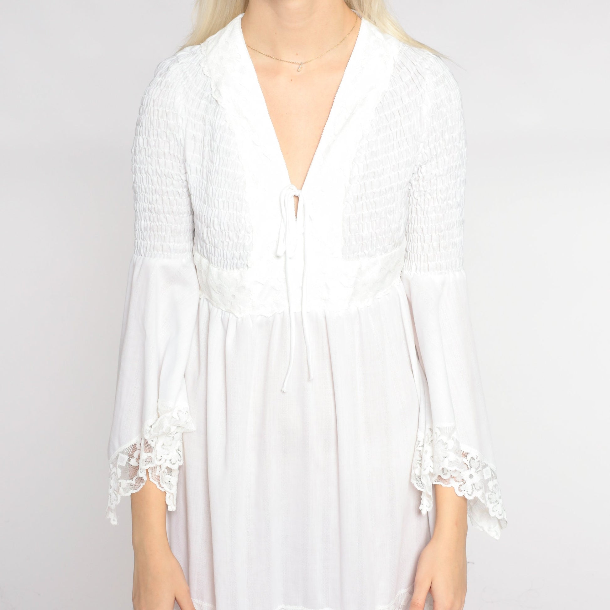 70s White Maxi Dress Angel Bell Sleeve V Neck Empire Waist Smocked Small
